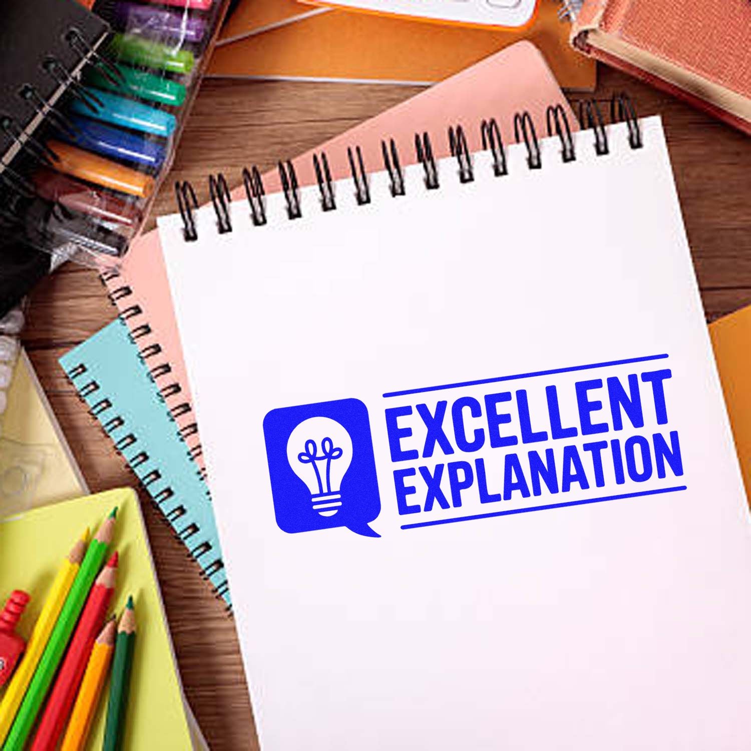 Excellent Explanation rubber stamp design on notebook, ideal for teacher feedback, classroom grading, and student encouragement.