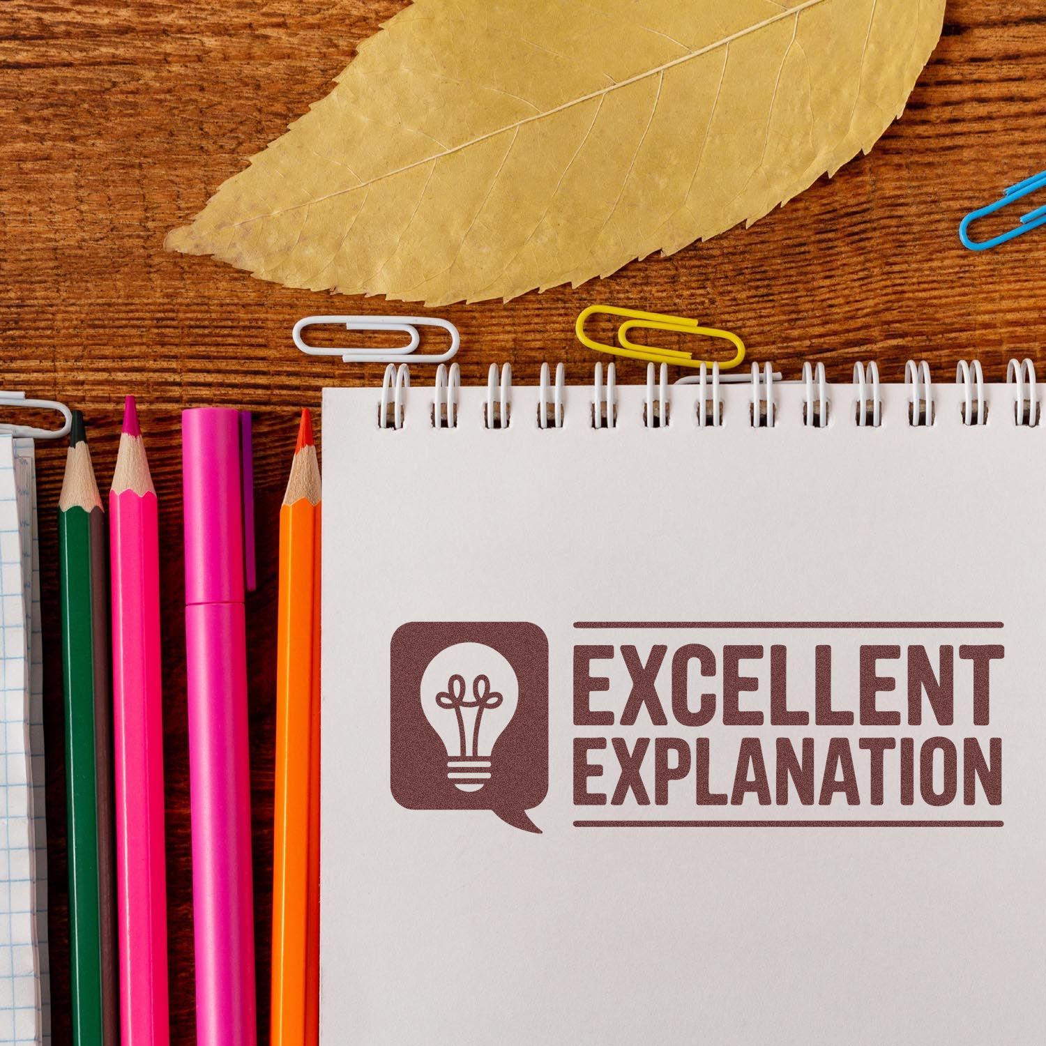 Excellent Explanation rubber stamp impression on notebook with pencils, for teacher feedback and office use