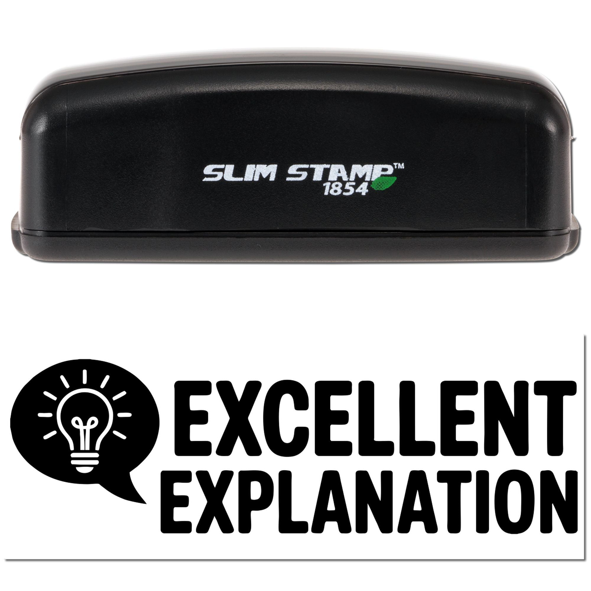 Slim Stamp 1854 custom rubber stamp with Excellent Explanation lightbulb speech bubble design.