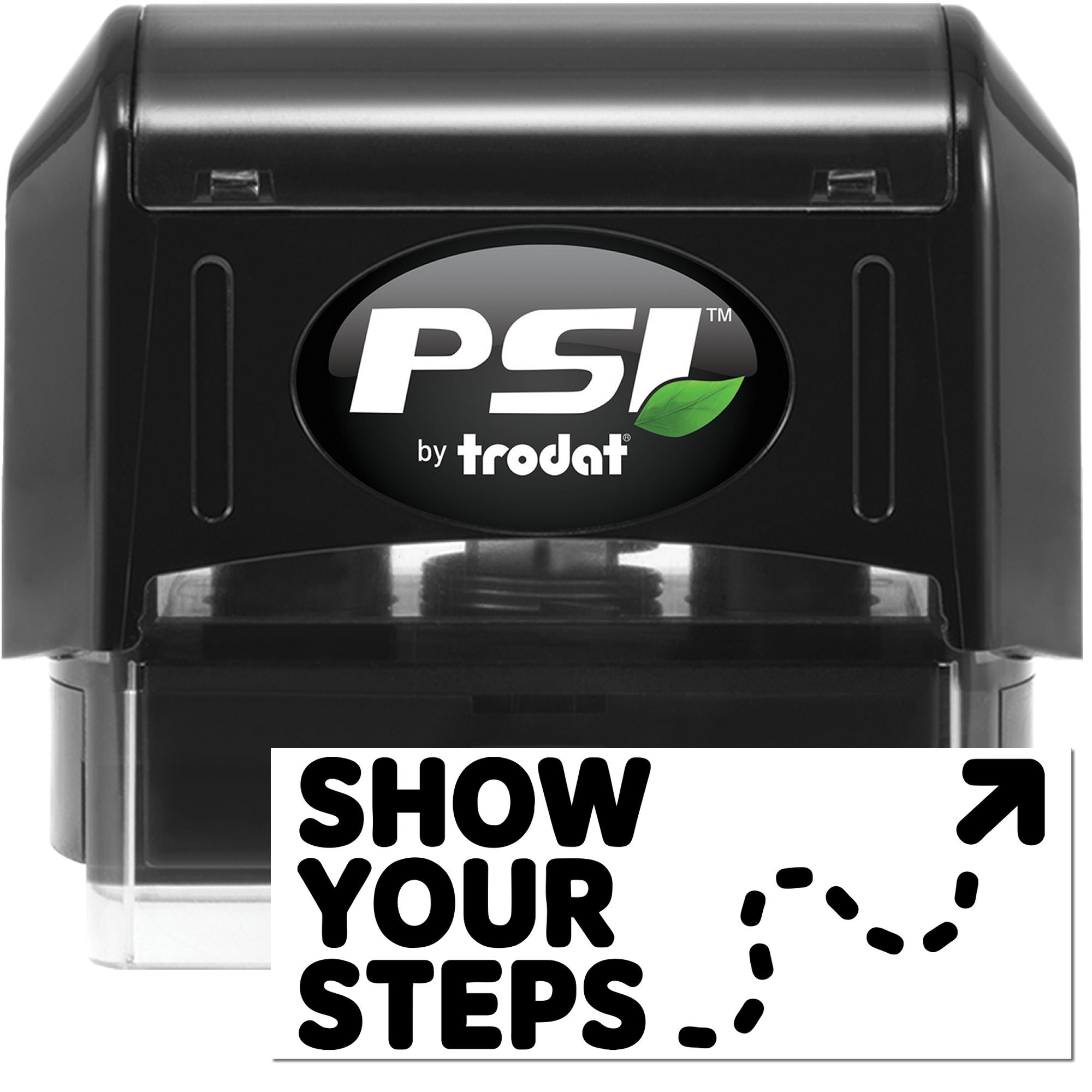 PSI by Trodat self-inking rubber stamp for custom Show Your Steps impressions, ideal for office branding and promotions.
