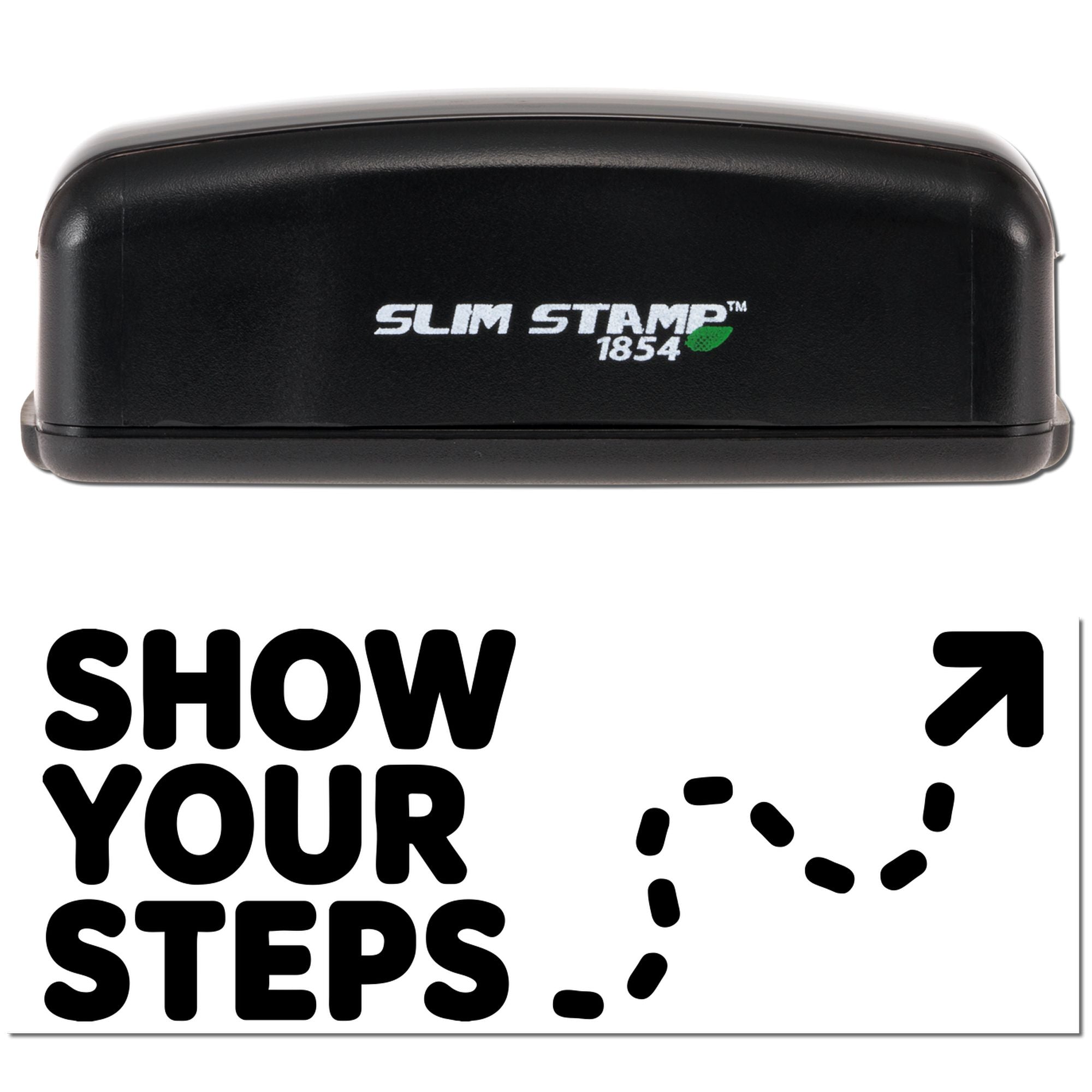 Slim Stamp 1854 self-inking rubber stamp with "Show Your Steps" footprint design for custom branding.