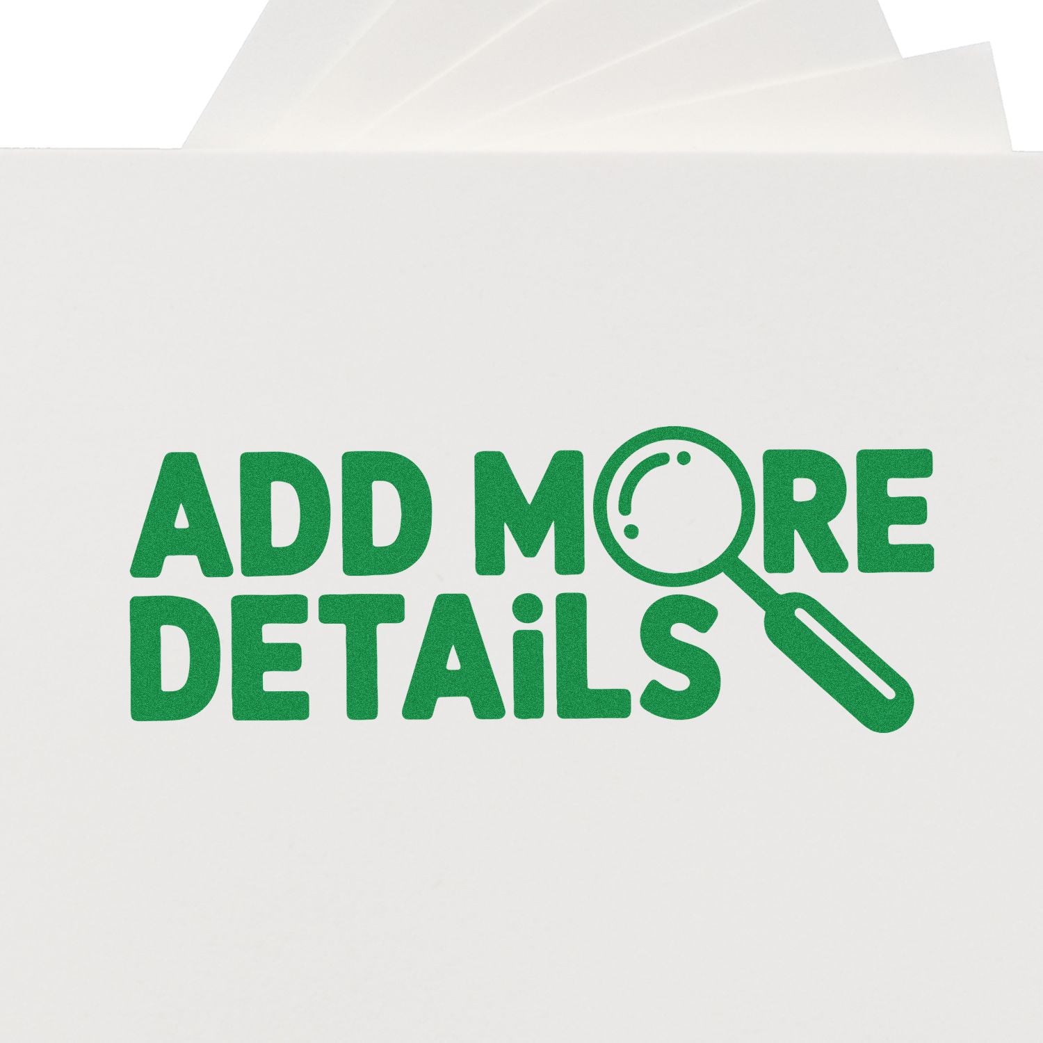 Add More Details rubber stamp with green magnifying glass icon on white envelope for business packaging and branding.
