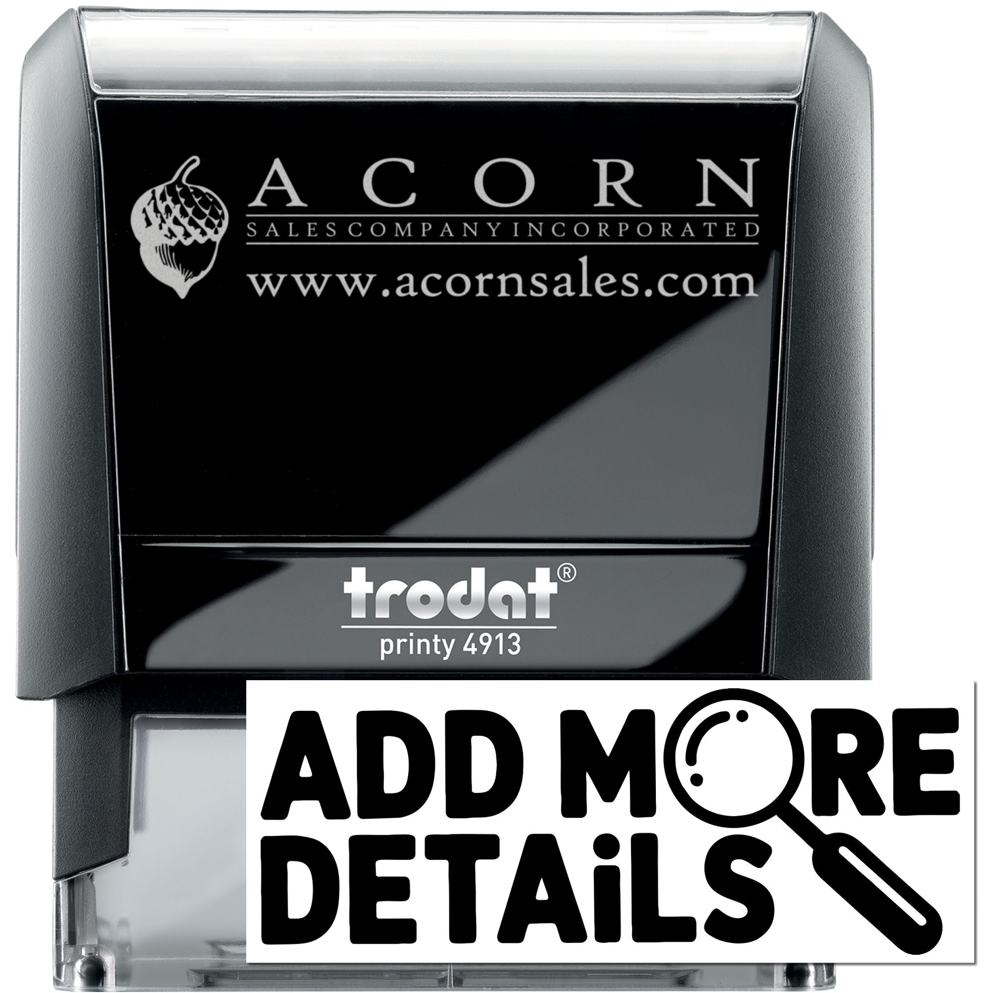 Custom self-inking rubber stamp, Trodat Printy 4913, featuring Acorn Sales logo and website for business branding.