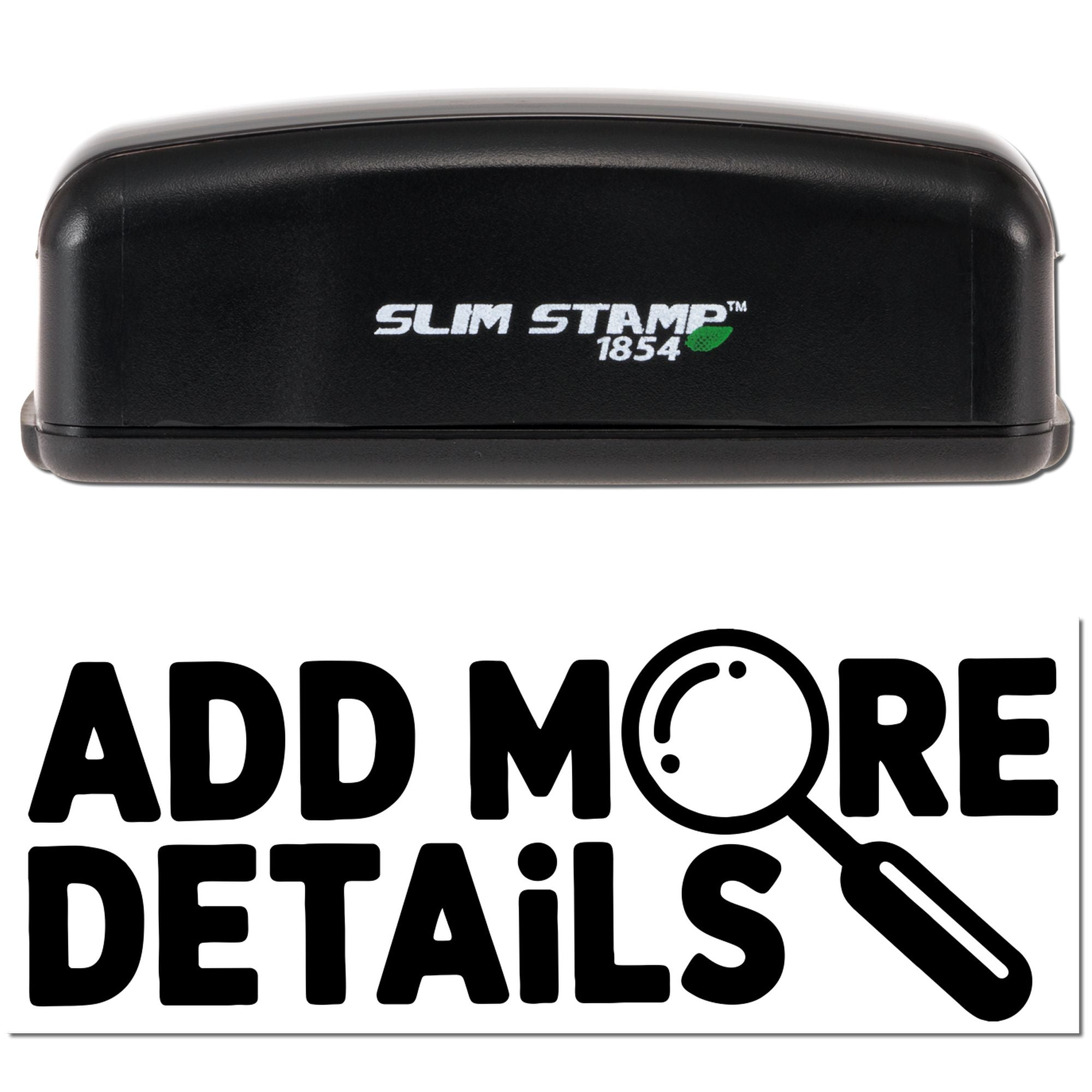 Slim Stamp 1854 compact rubber stamp with Add More Details graphic, highlighting custom stamping for business use.