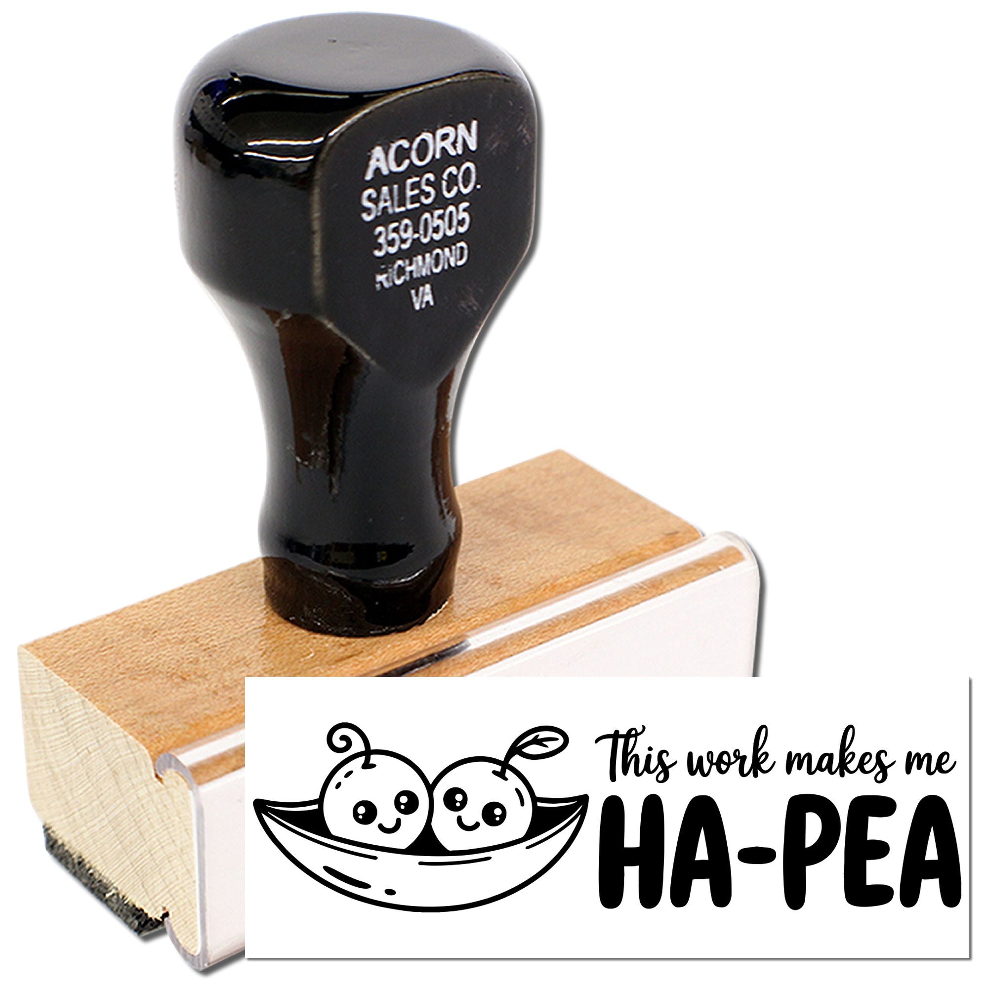 Funny pea pun rubber stamp saying This work makes me HA-PEA for office documents, cards, and crafts.