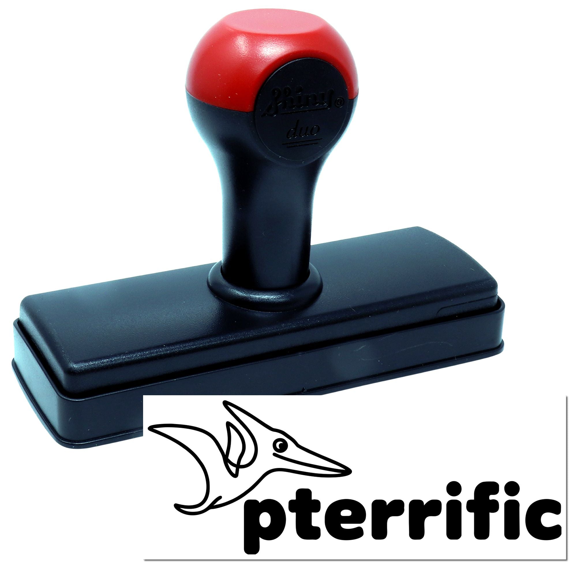 Custom self-inking rubber stamp with pterific pterodactyl logo for branding and packaging.