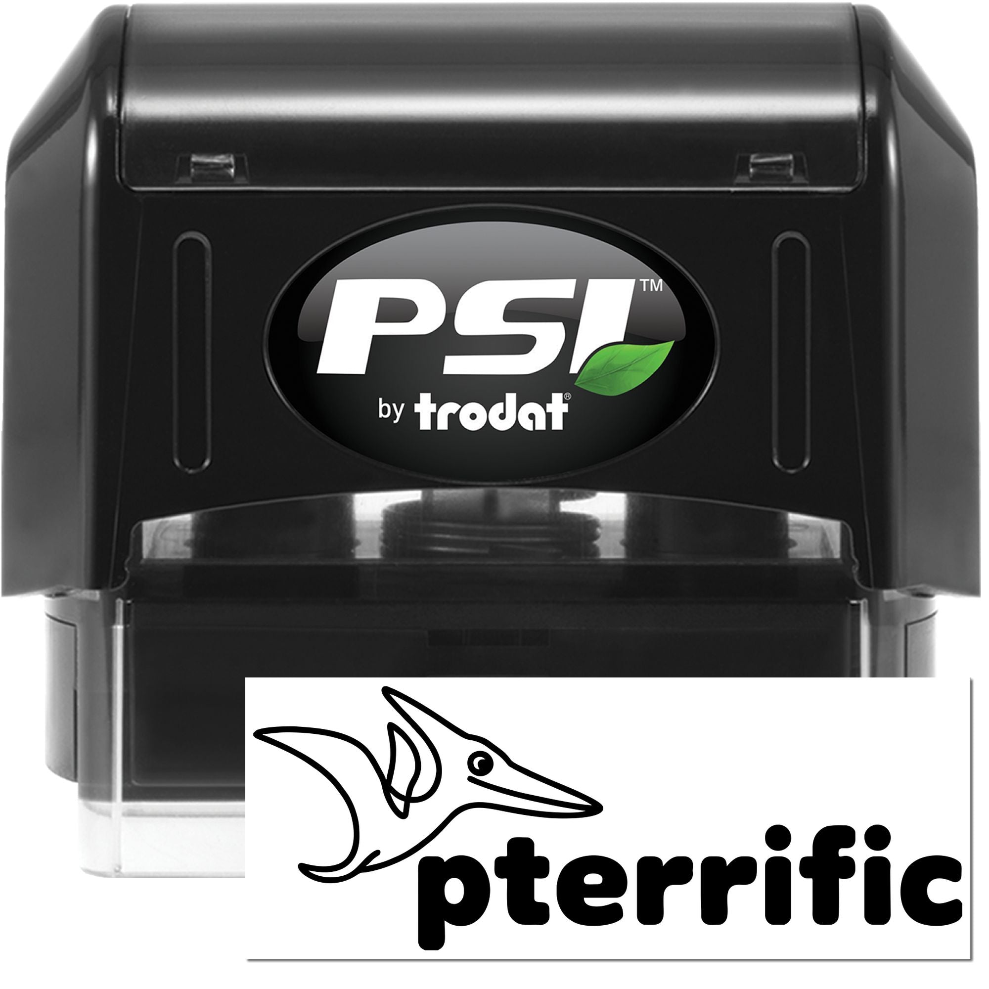 PSI by Trodat self-inking rubber stamp with custom pterodactyl logo and Pterrific text, ideal for branding and business use.