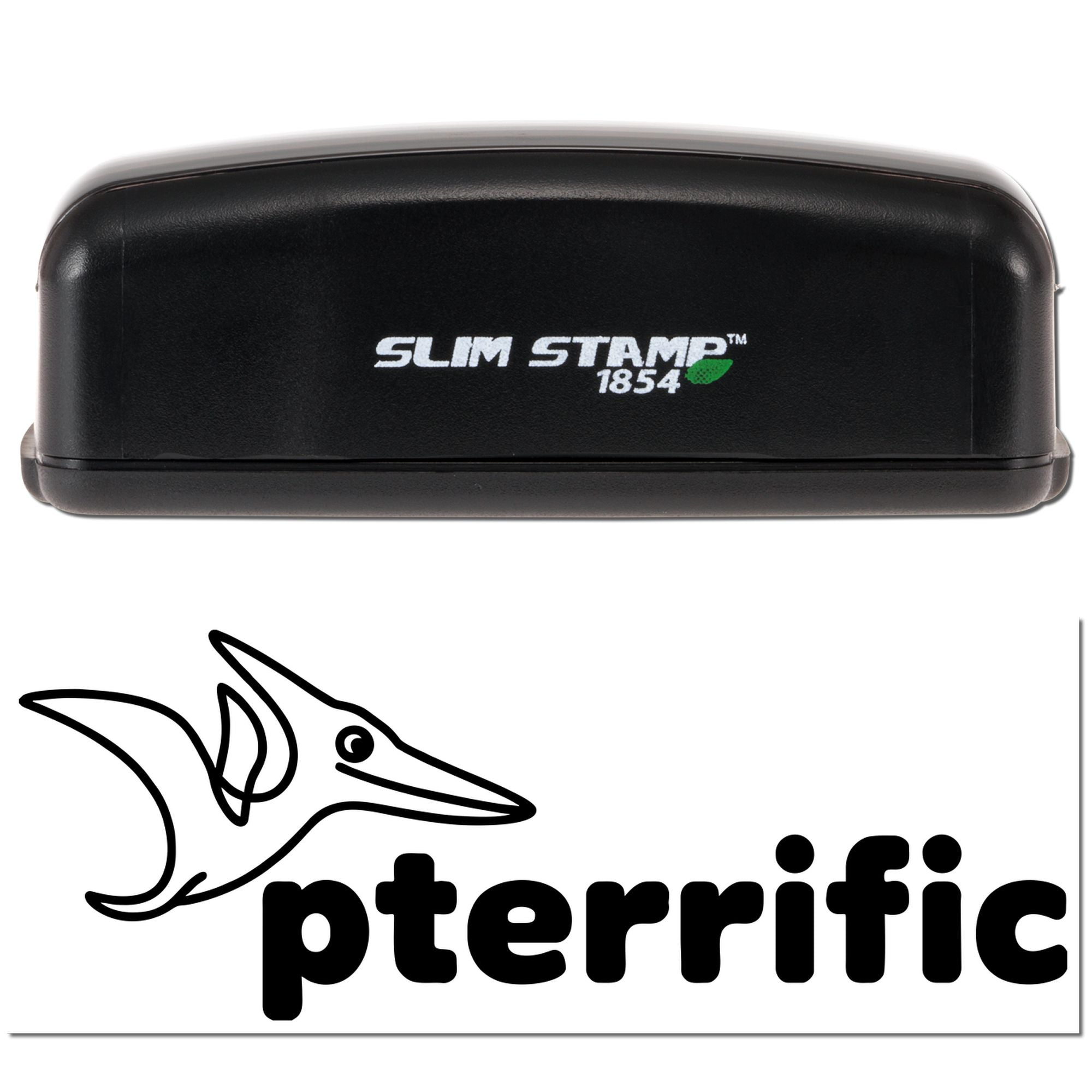 Slim Stamp 1854 self-inking rubber stamp with pterodactyl pterrific logo for custom business branding.