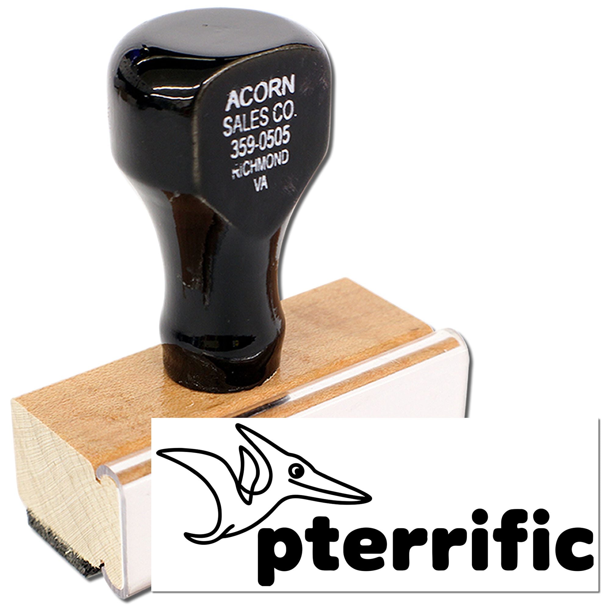 Custom rubber stamp with pterrific bird logo and wooden handle for branding packaging.