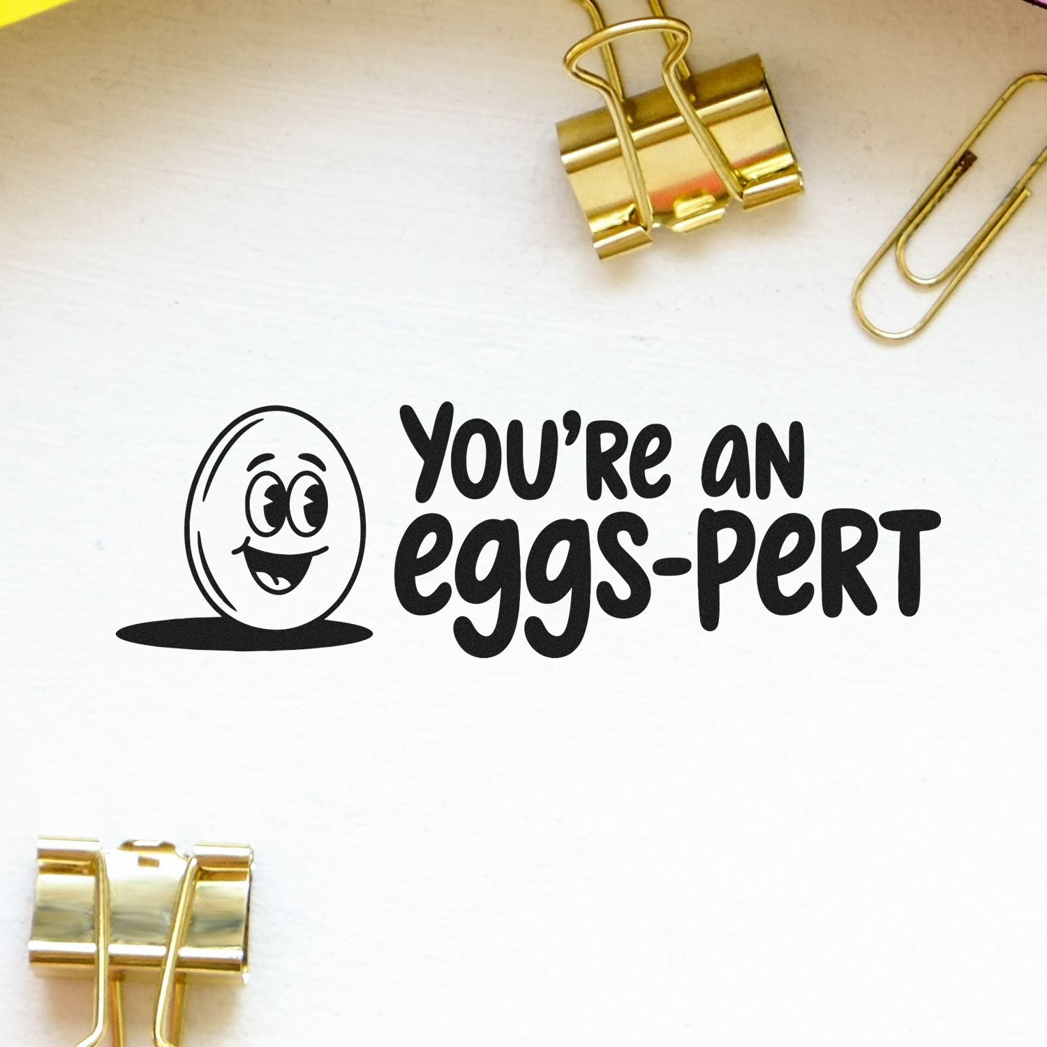Funny rubber stamp design with smiling egg and text Youre an eggs-pert for Easter, culinary, or classroom crafts.