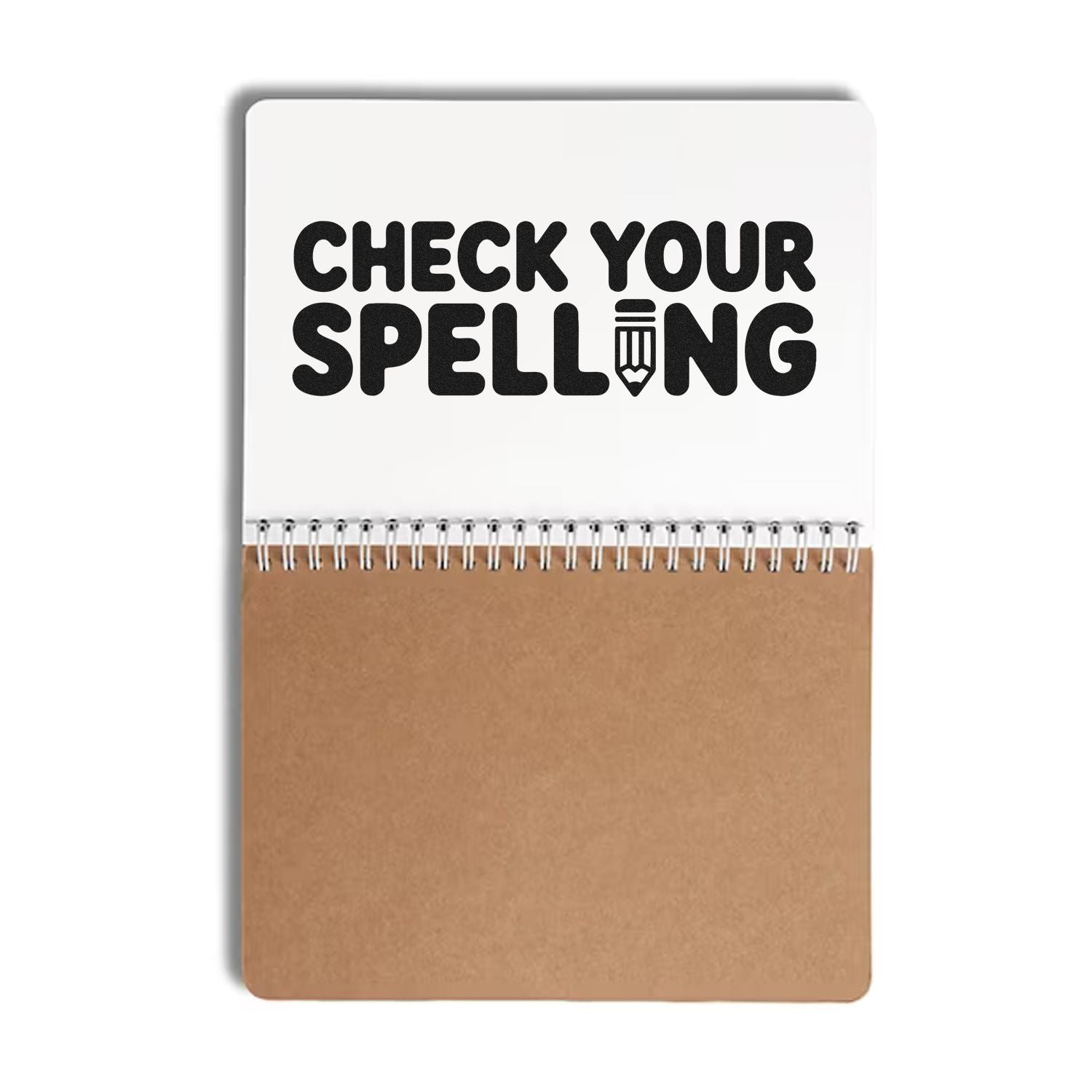 Check Your Spelling rubber stamp design on a notebook cover, perfect for proofreading, teachers, editors, and offices.