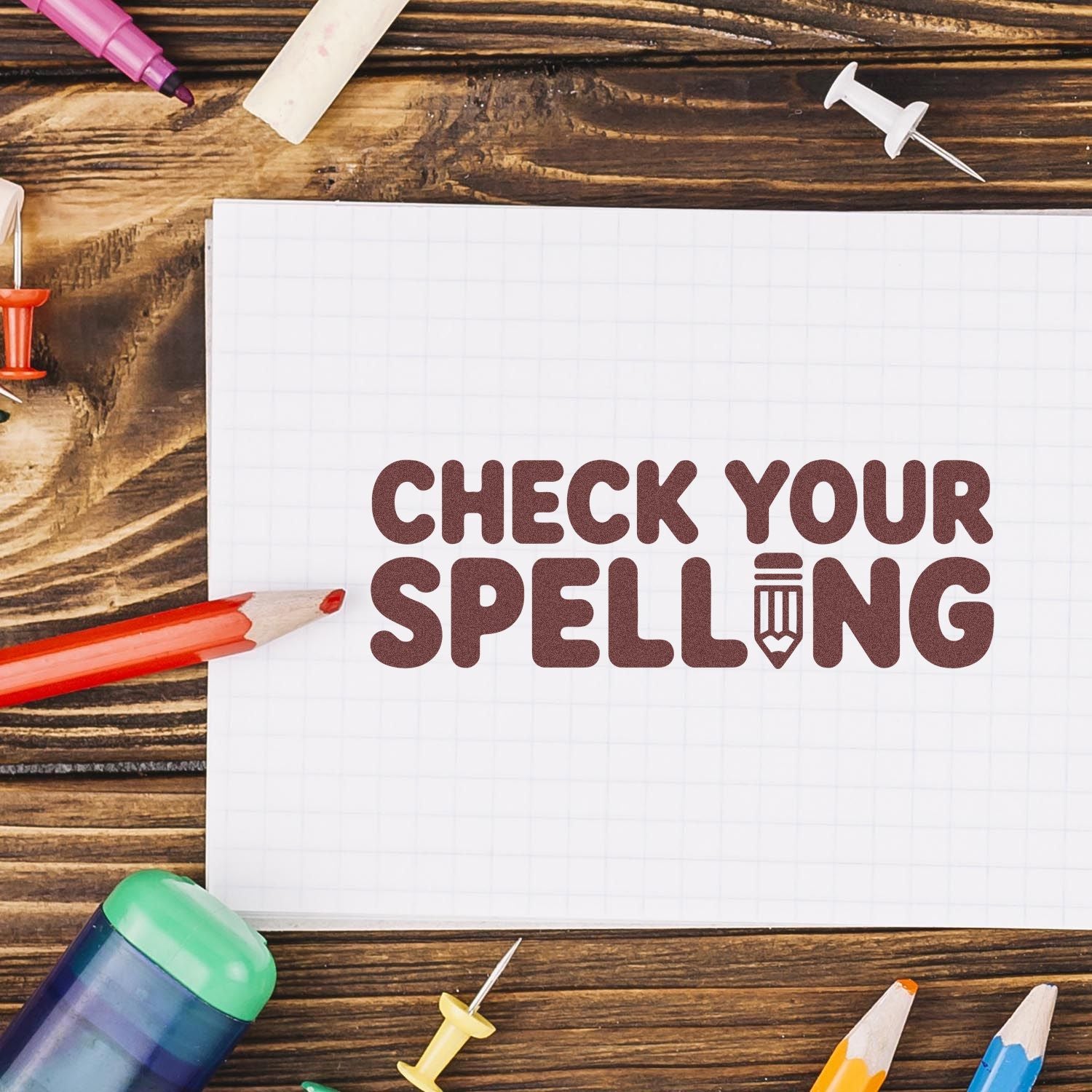 Check your spelling rubber stamp design for notebooks, school supplies and office proofreading reminders.