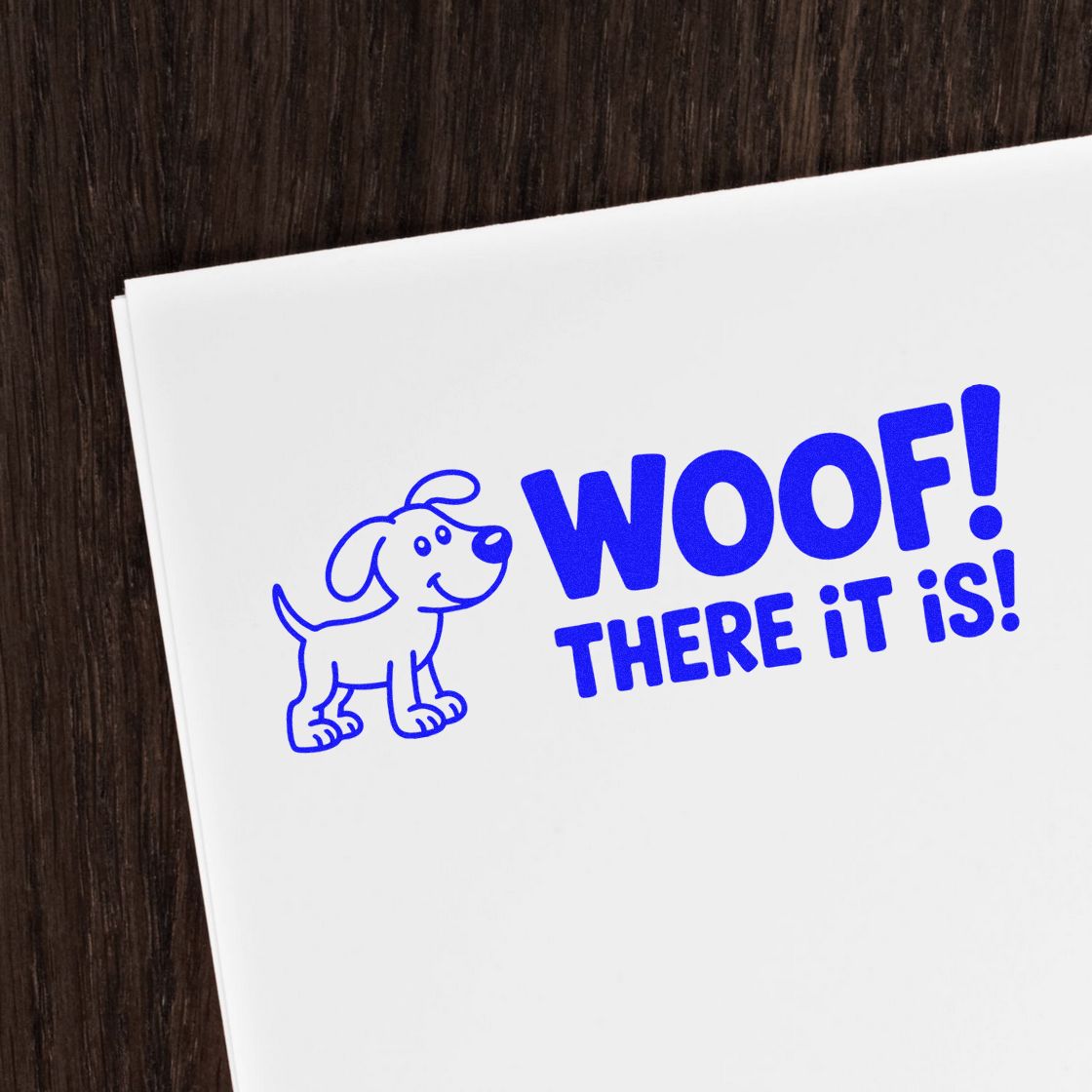 Blue dog Woof! There It Is! rubber stamp design for pet-themed cards, crafts, and custom stamping.
