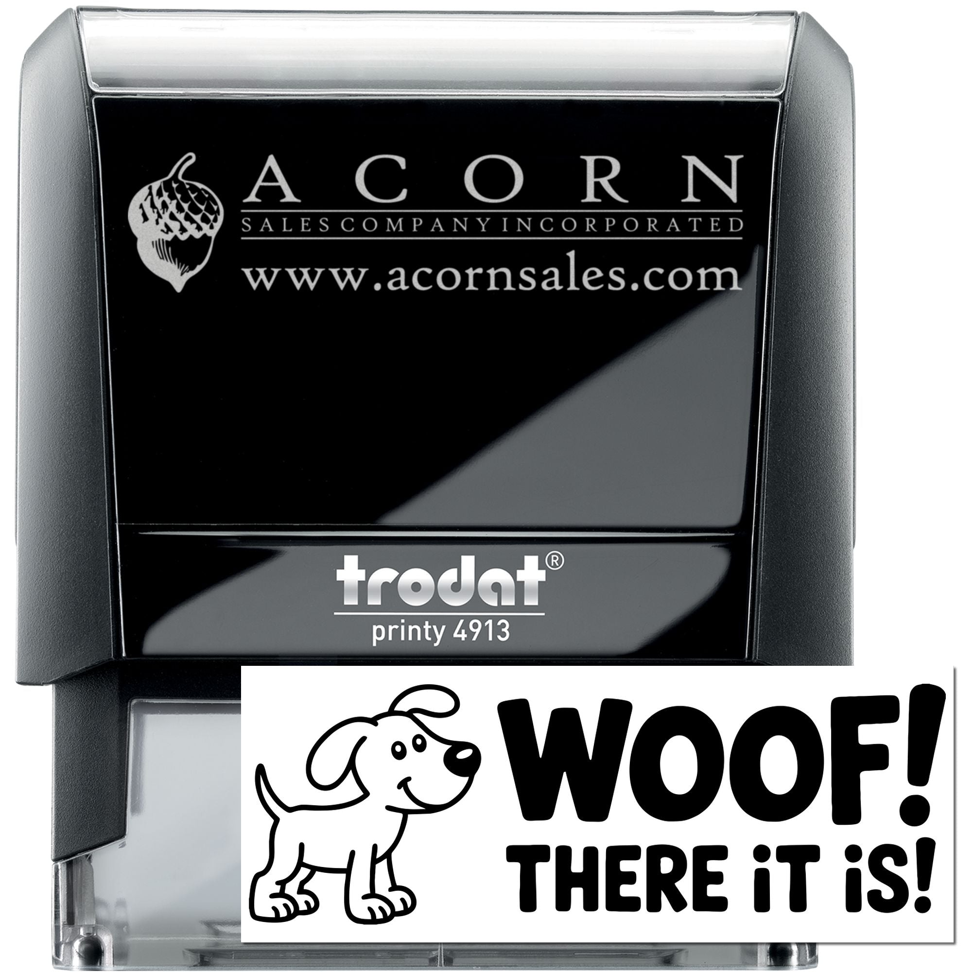 Trodat Printy 4913 self-inking rubber stamp with Acorn Sales Company logo and website for custom business branding.