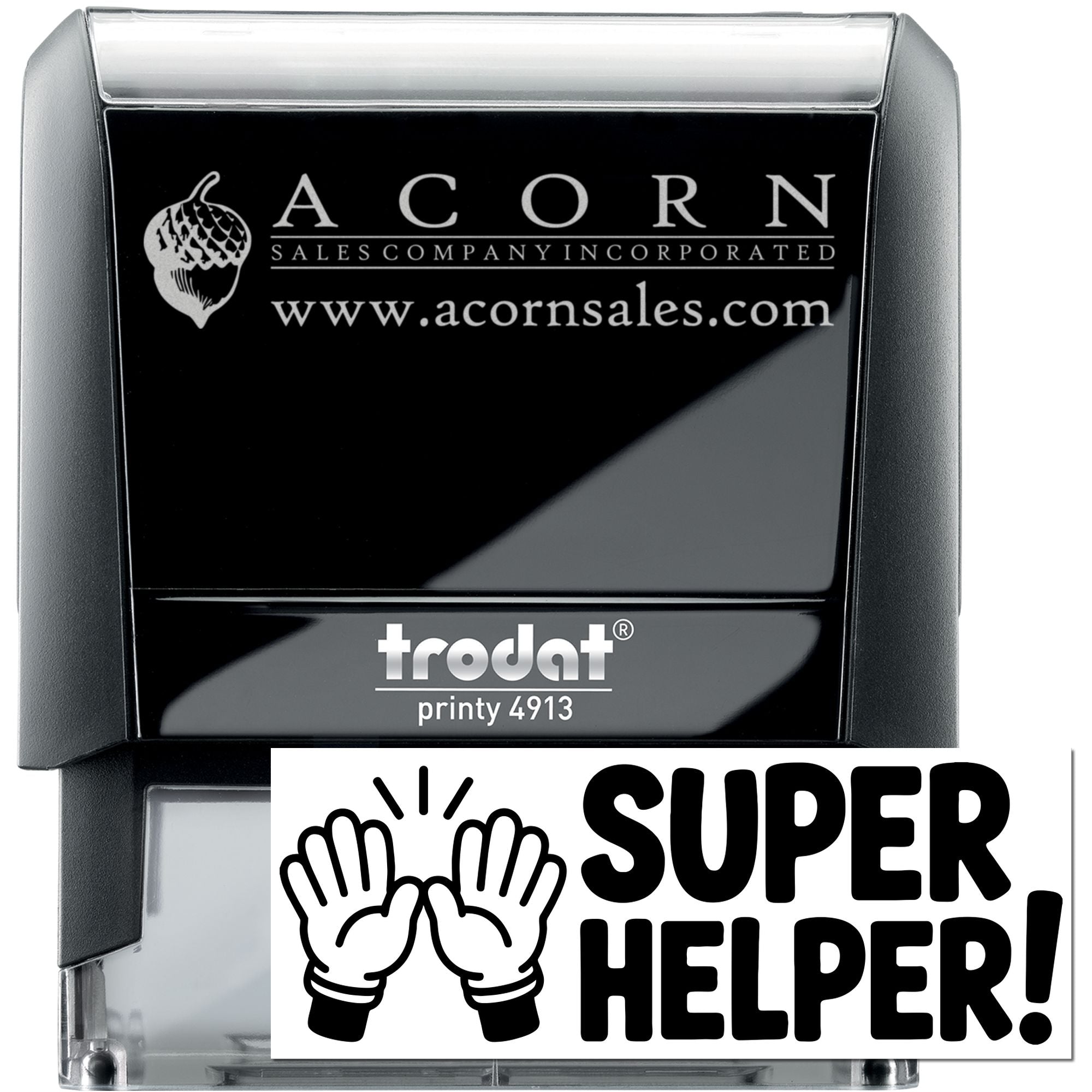 Custom self-inking rubber stamp, Trodat Printy 4913, with Acorn Sales Company logo, name and website.