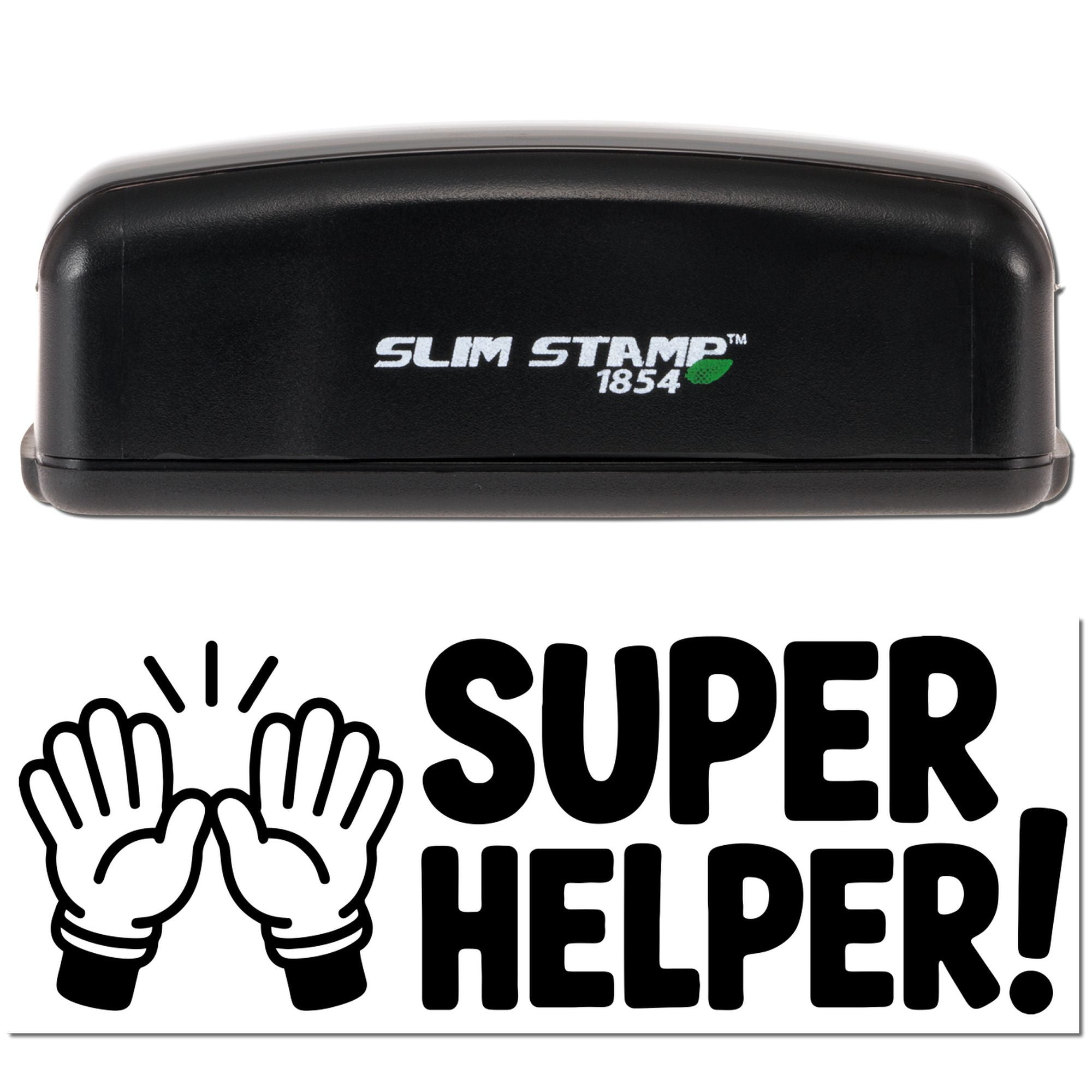 Black Slim Stamp 1854 rubber stamp with Super Helper! and clapping hands icon for praise.
