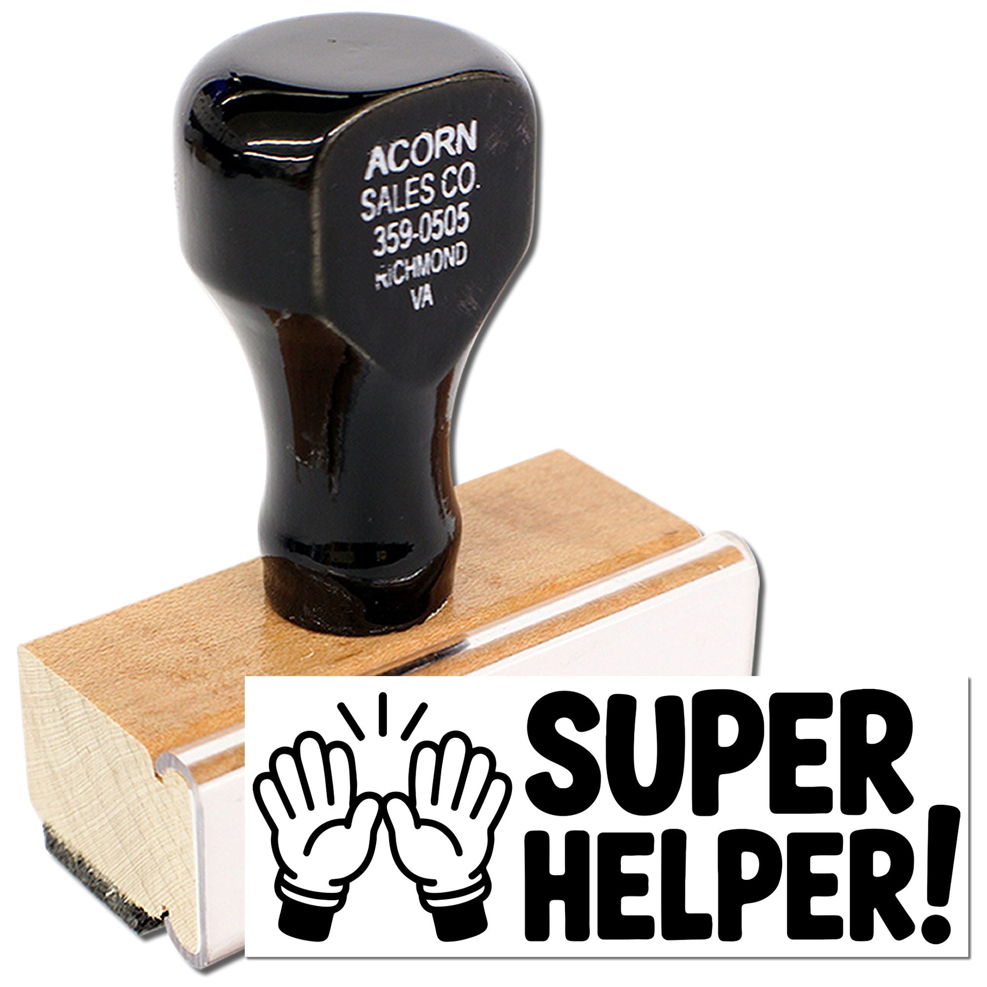 Wooden rubber stamp with SUPER HELPER! imprint for rewarding employees, students, or volunteers.