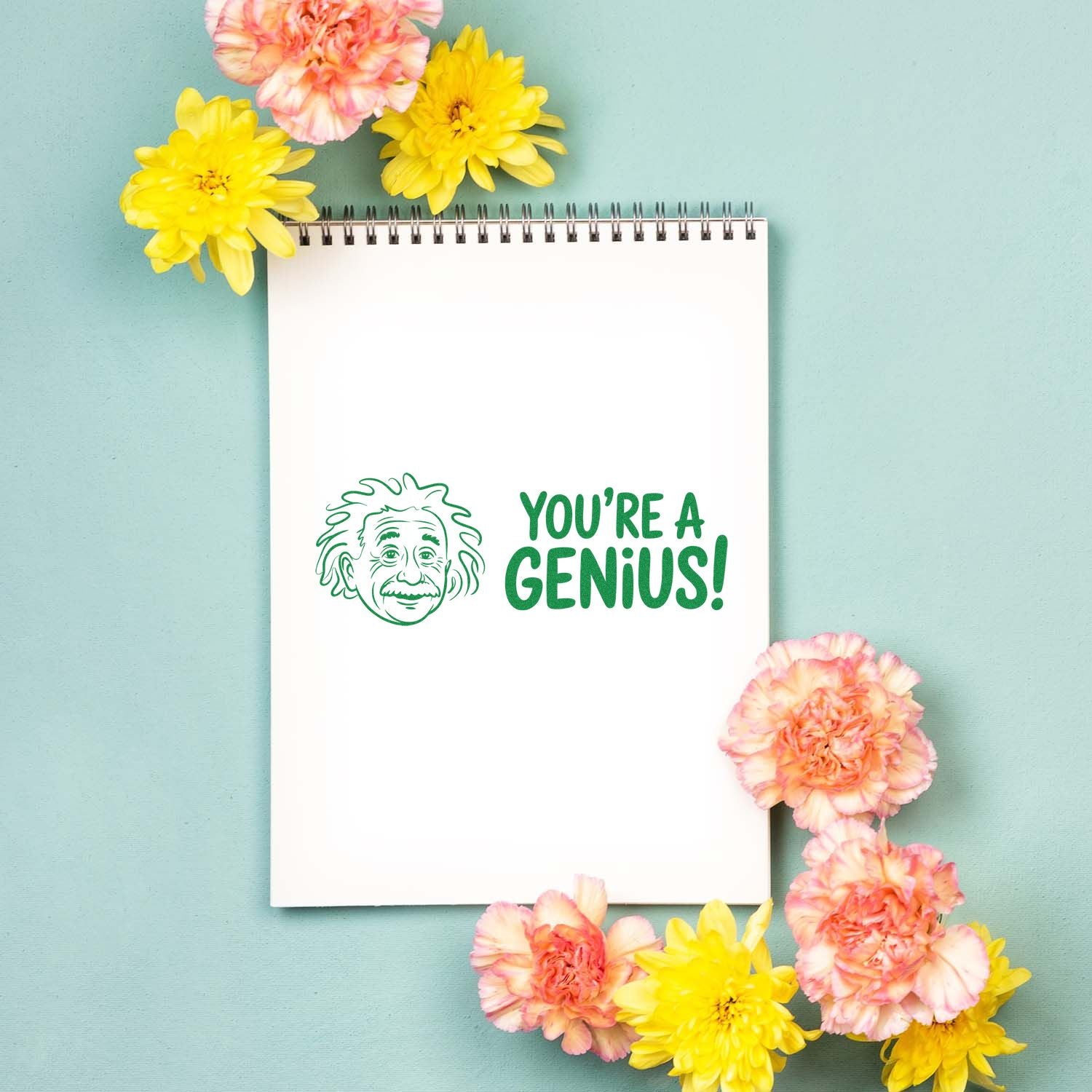 Youre a Genius rubber stamp with Einstein face on a notebook, perfect for teacher rewards, encouragement, and craft projects.