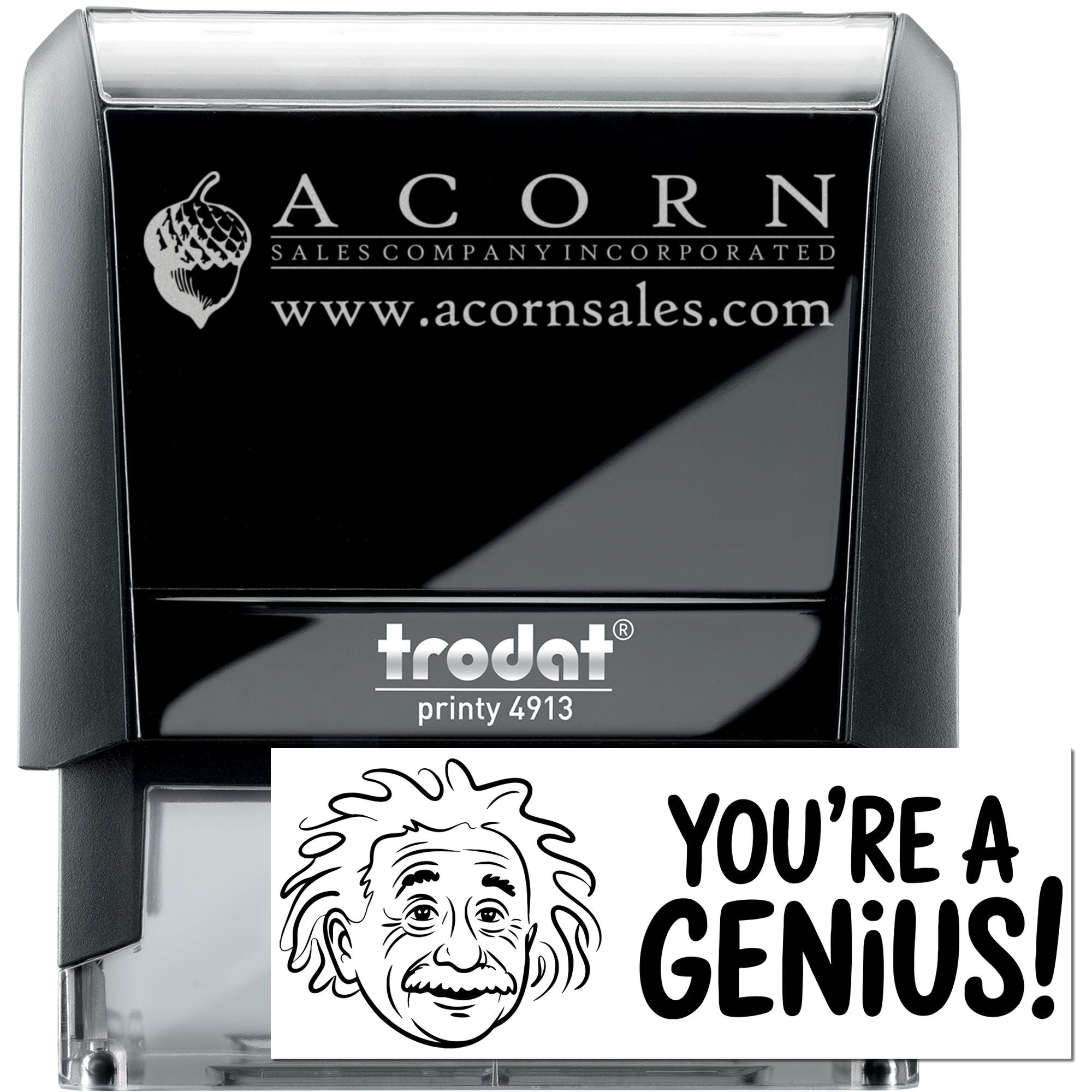 Custom self-inking rubber stamp with Acorn Sales Company logo and website, Trodat Printy 4913 business stamp.