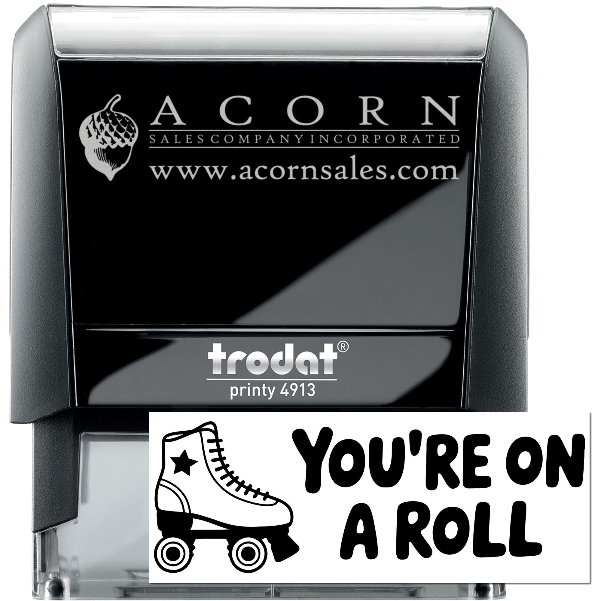 Custom self-inking rubber stamp examples: Acorn Sales Company logo stamp and Youre on a Roll roller skate design.