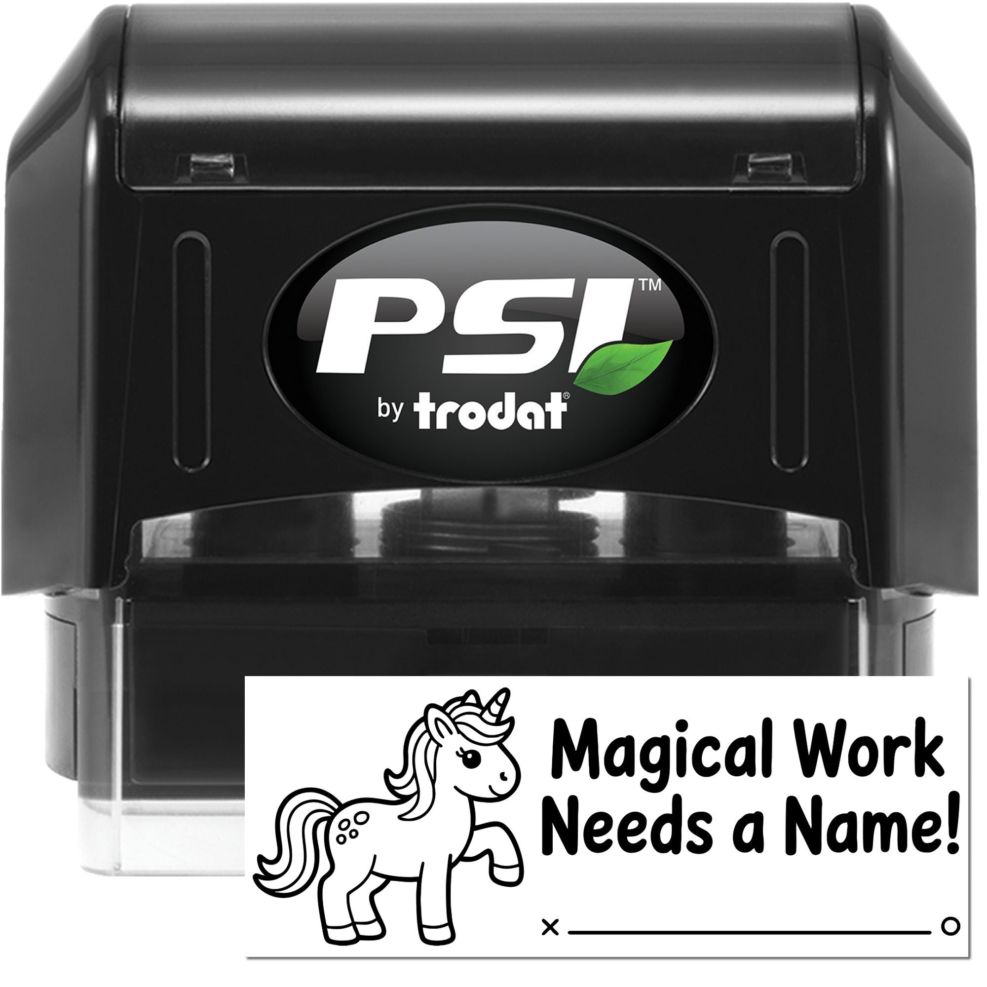 PSI by Trodat self-inking rubber stamp with unicorn Magical Work Needs a Name! design for kids schoolwork.