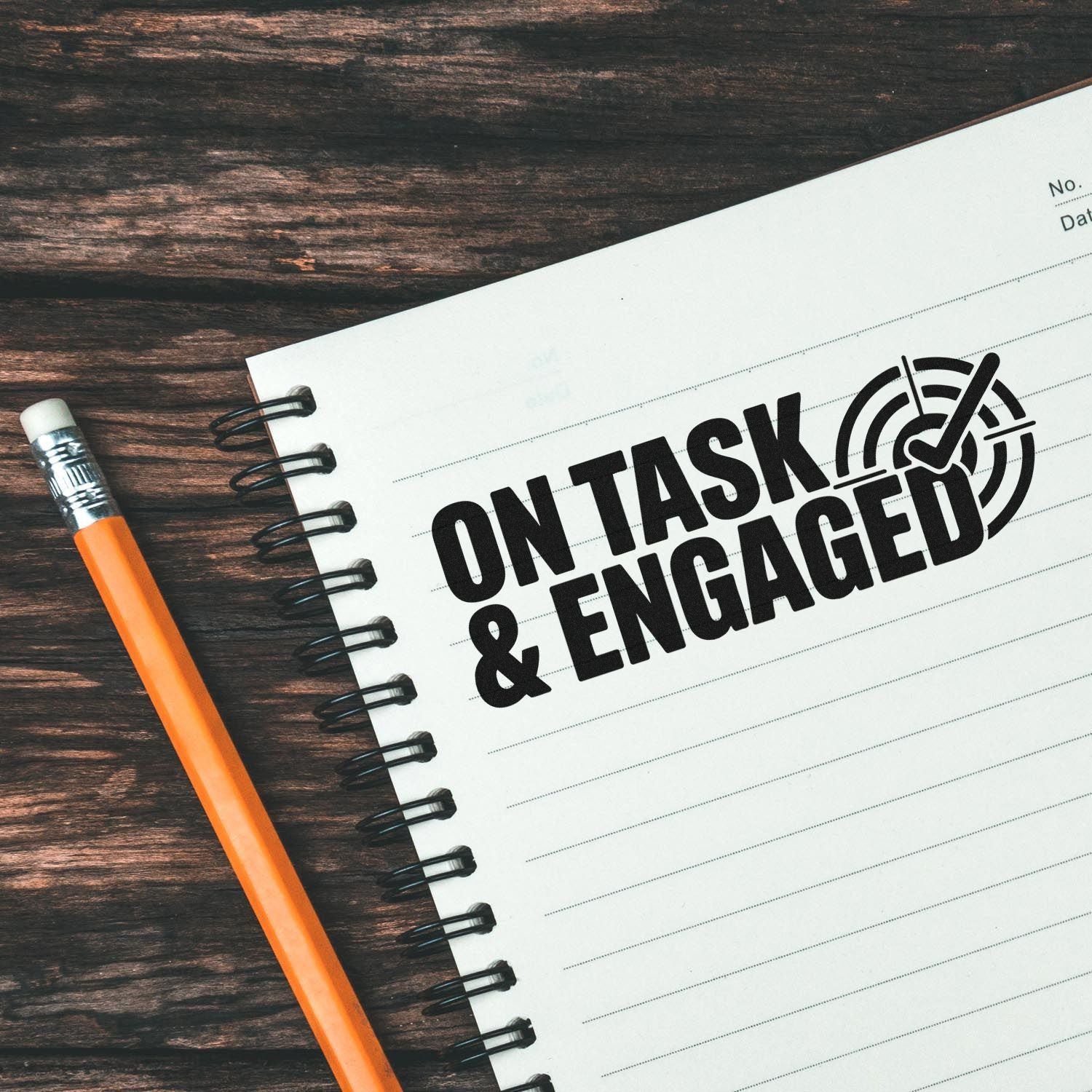 On Task & Engaged custom rubber stamp on notebook page, ideal for classroom behavior tracking and teacher feedback.