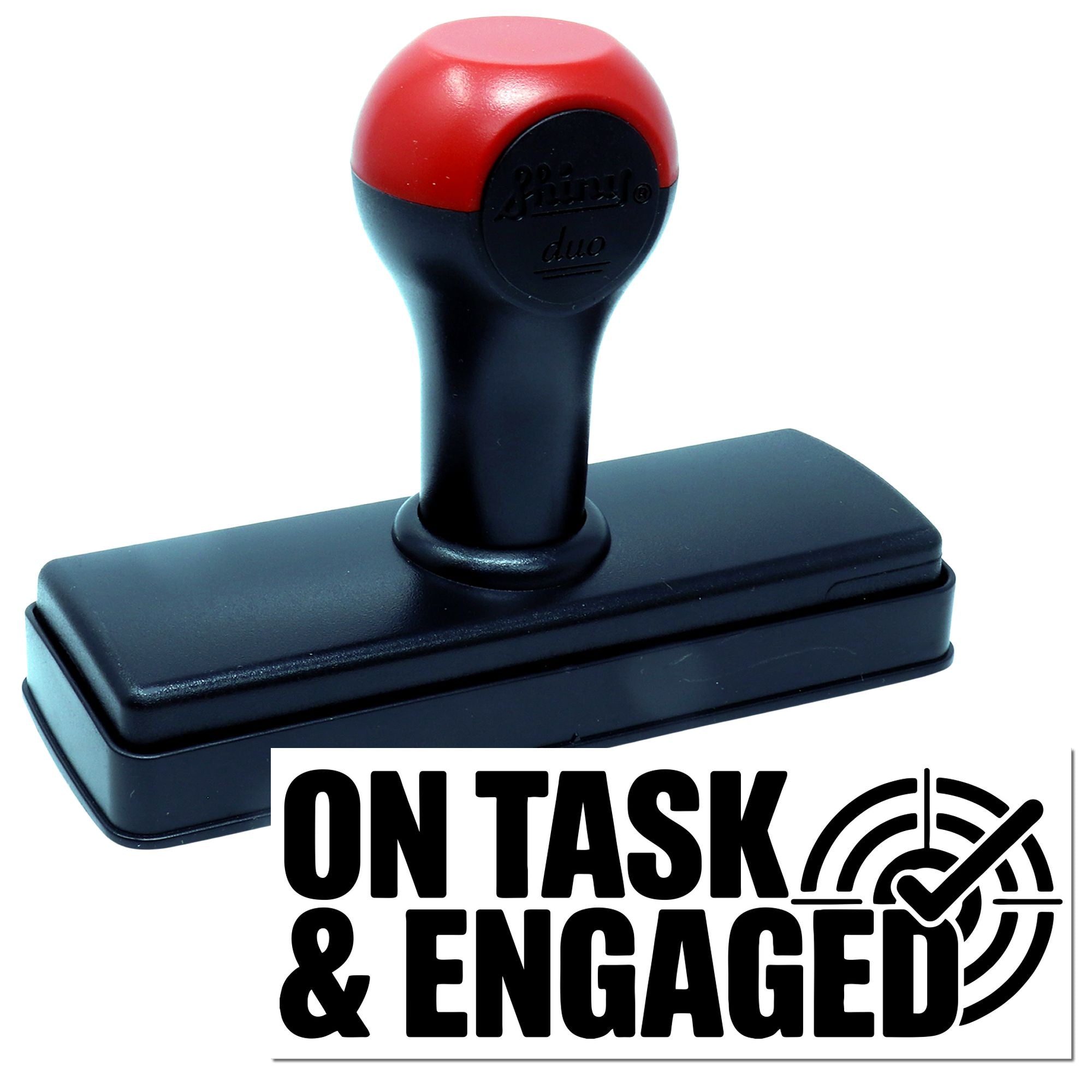 Self-inking teacher rubber stamp with On Task & Engaged message for classroom feedback and behavior reinforcement.