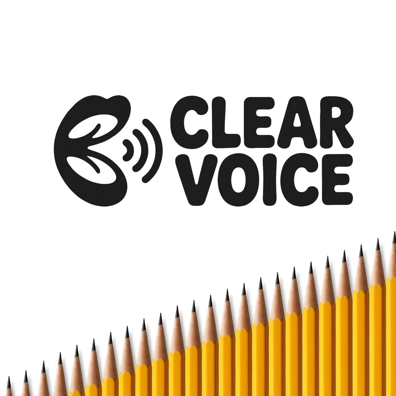 Clear Voice rubber stamp design with ear icon, bold text, and pencil border for communication, school, or office use.
