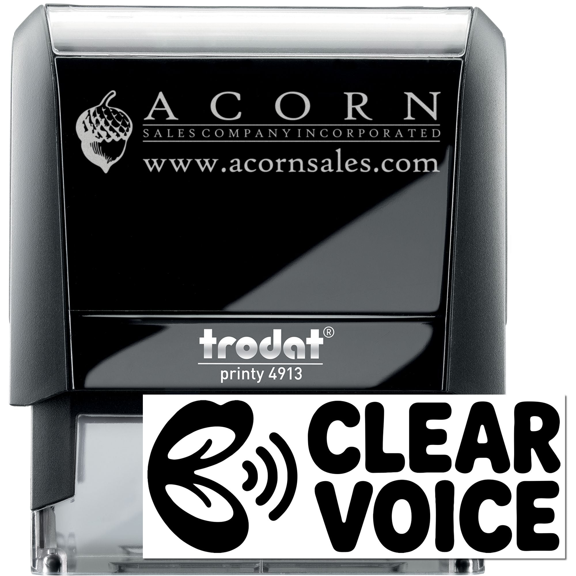 Custom self-inking rubber stamp, Trodat Printy 4913, with Acorn Sales Company logo, website, and Clear Voice imprint for business branding.