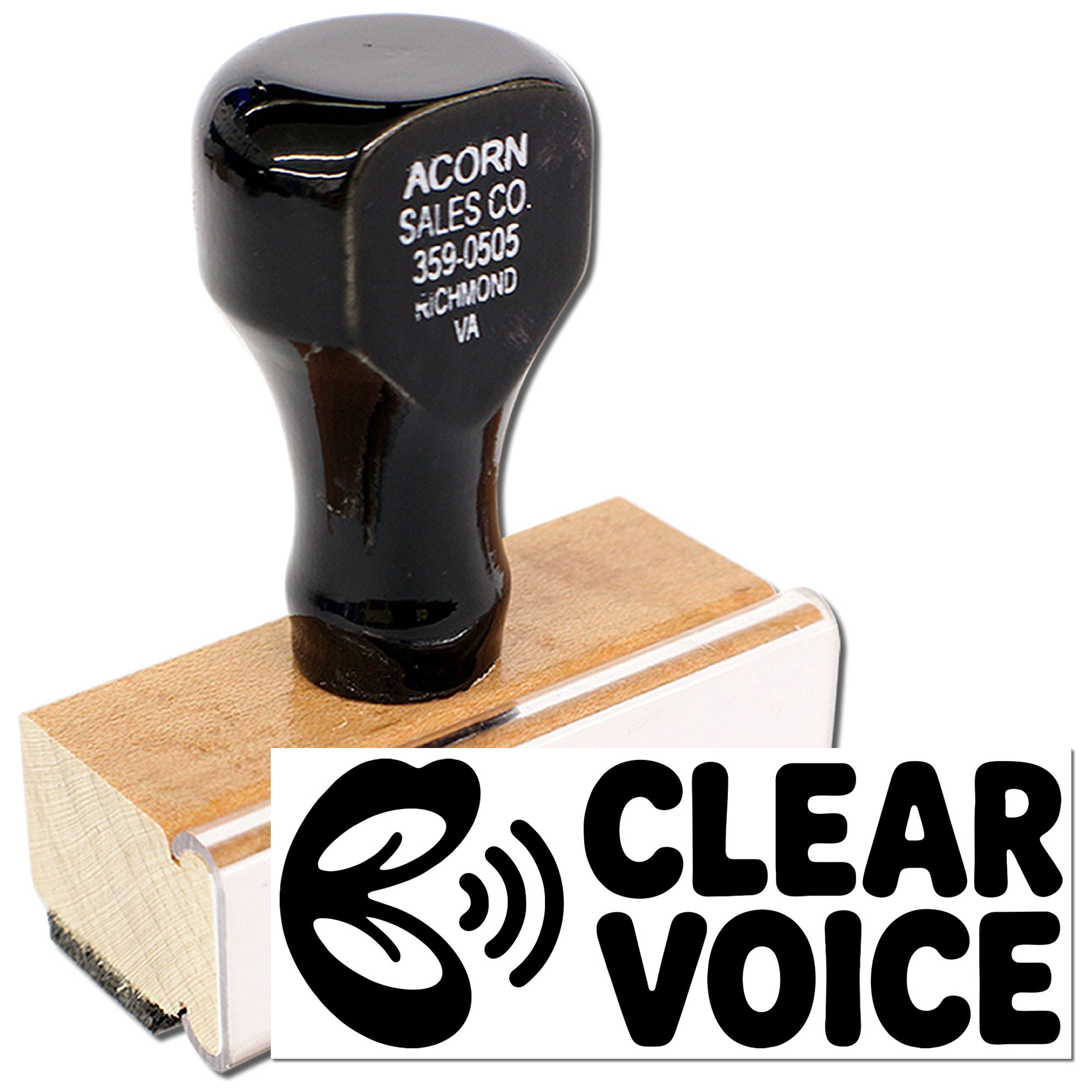 Custom Clear Voice rubber stamp with wooden handle for business branding and document marking