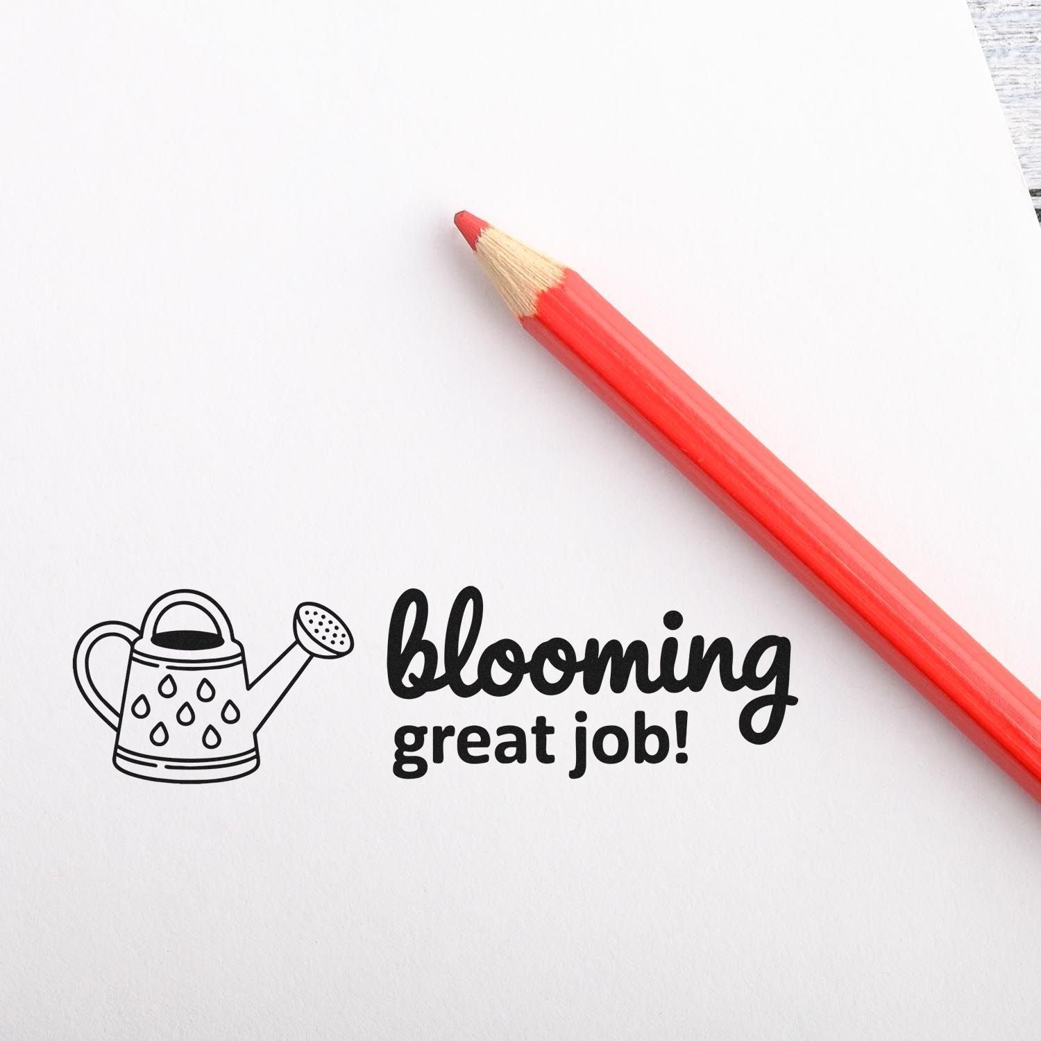 Blooming great job rubber stamp design with watering can icon, perfect for gardening teacher rewards and encouragement.