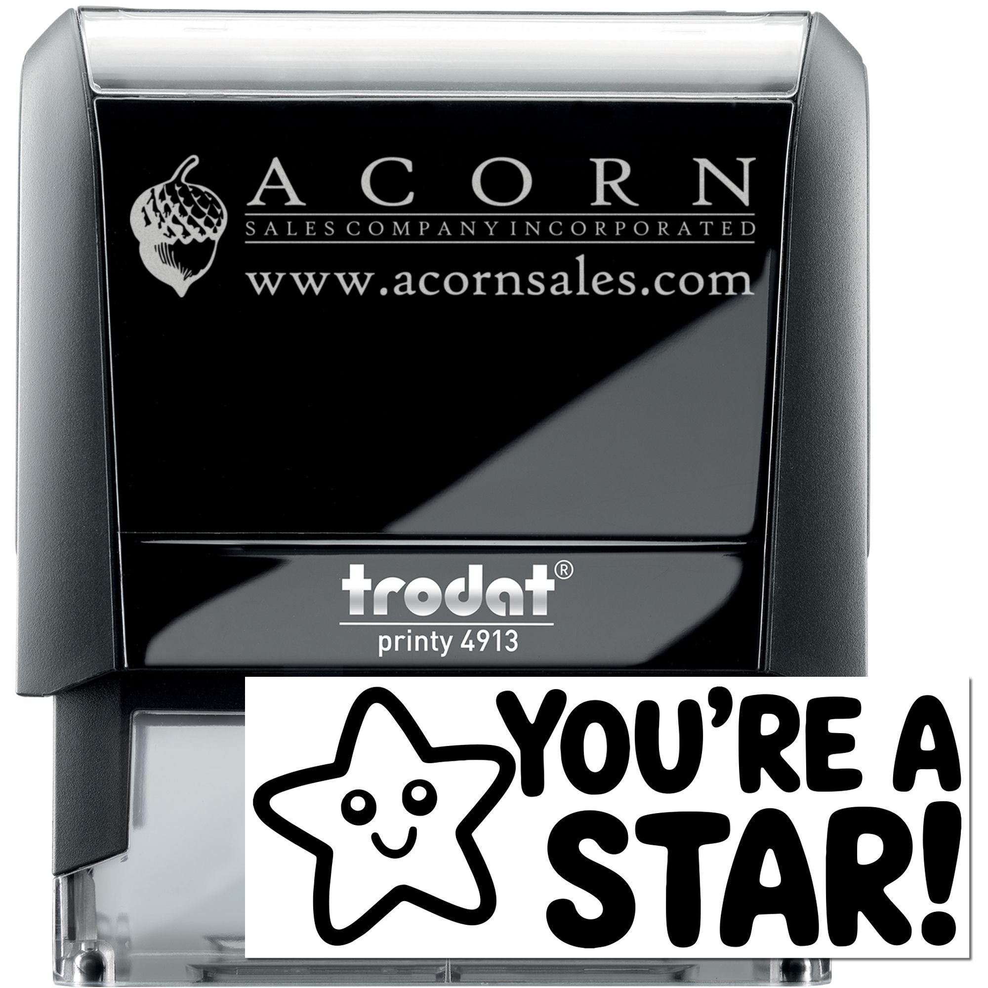 Custom Trodat Printy 4913 self-inking rubber stamp with Acorn Sales logo, website, and Youre a Star! design.