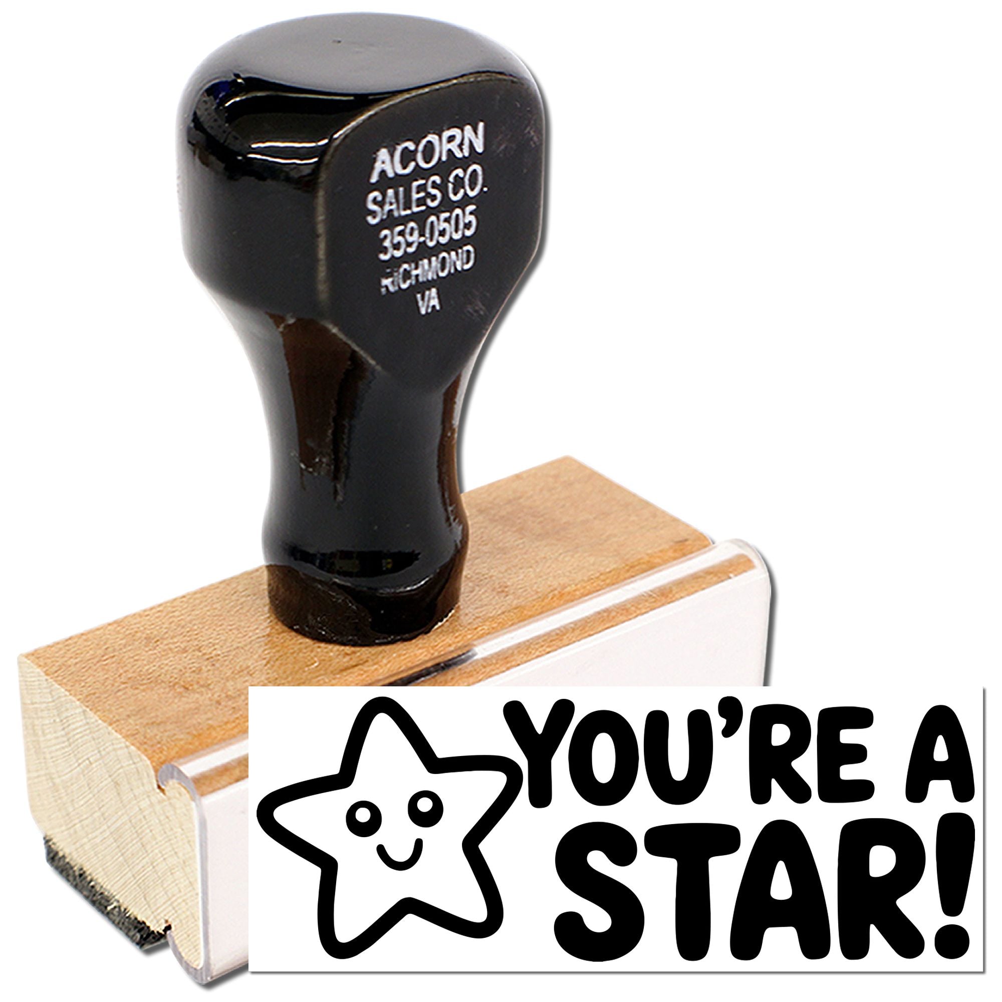 Custom wooden rubber stamp with business logo text and Youre a Star! design for promotional stamping.