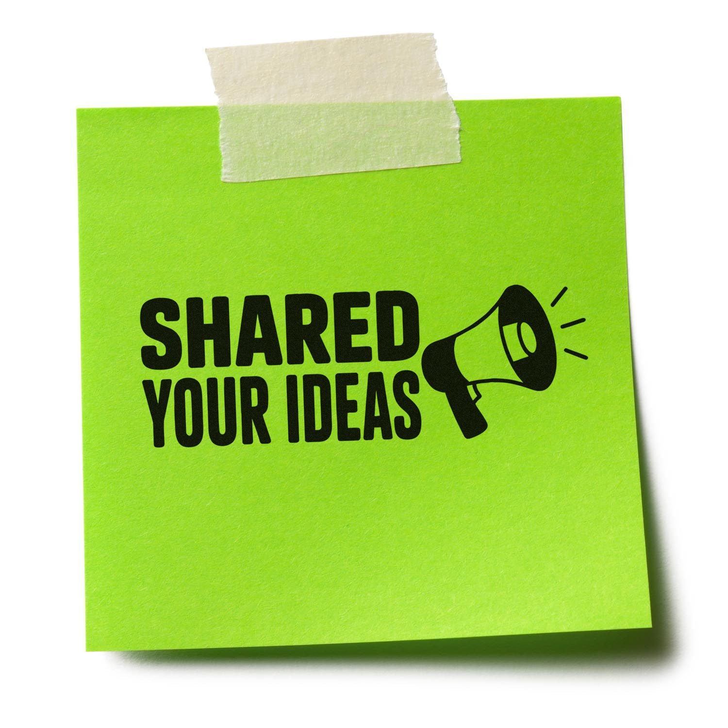 Rubber stamp design with Share Your Ideas message and megaphone icon on green sticky note