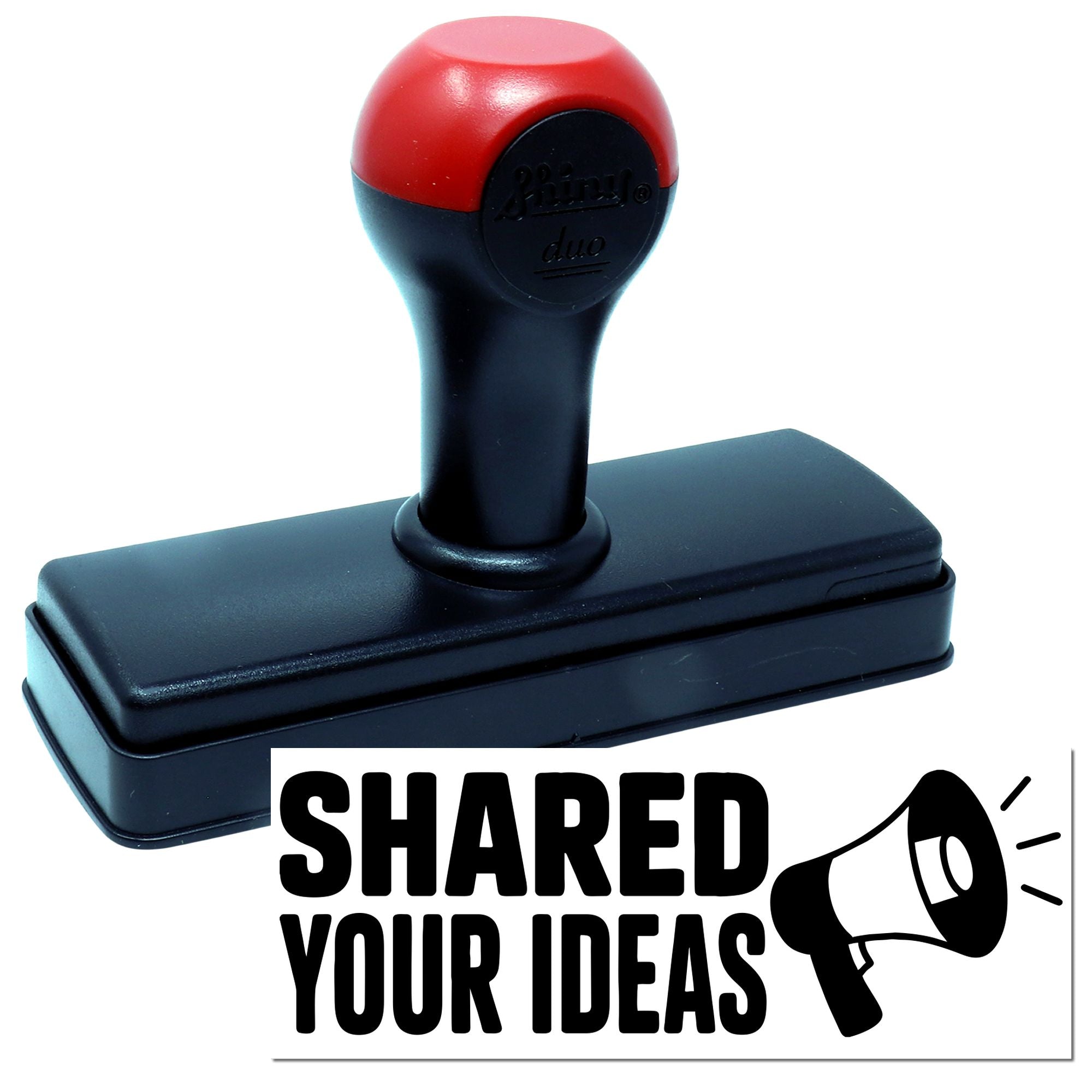 Self-inking rubber stamp featuring Shared Your Ideas message for offices, feedback forms, and brainstorming approvals.