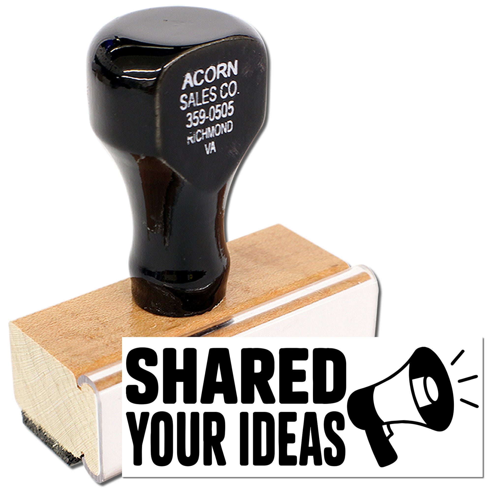 Custom rubber stamp imprint reading Shared Your Ideas with megaphone icon, ideal for promotional branding and messaging.