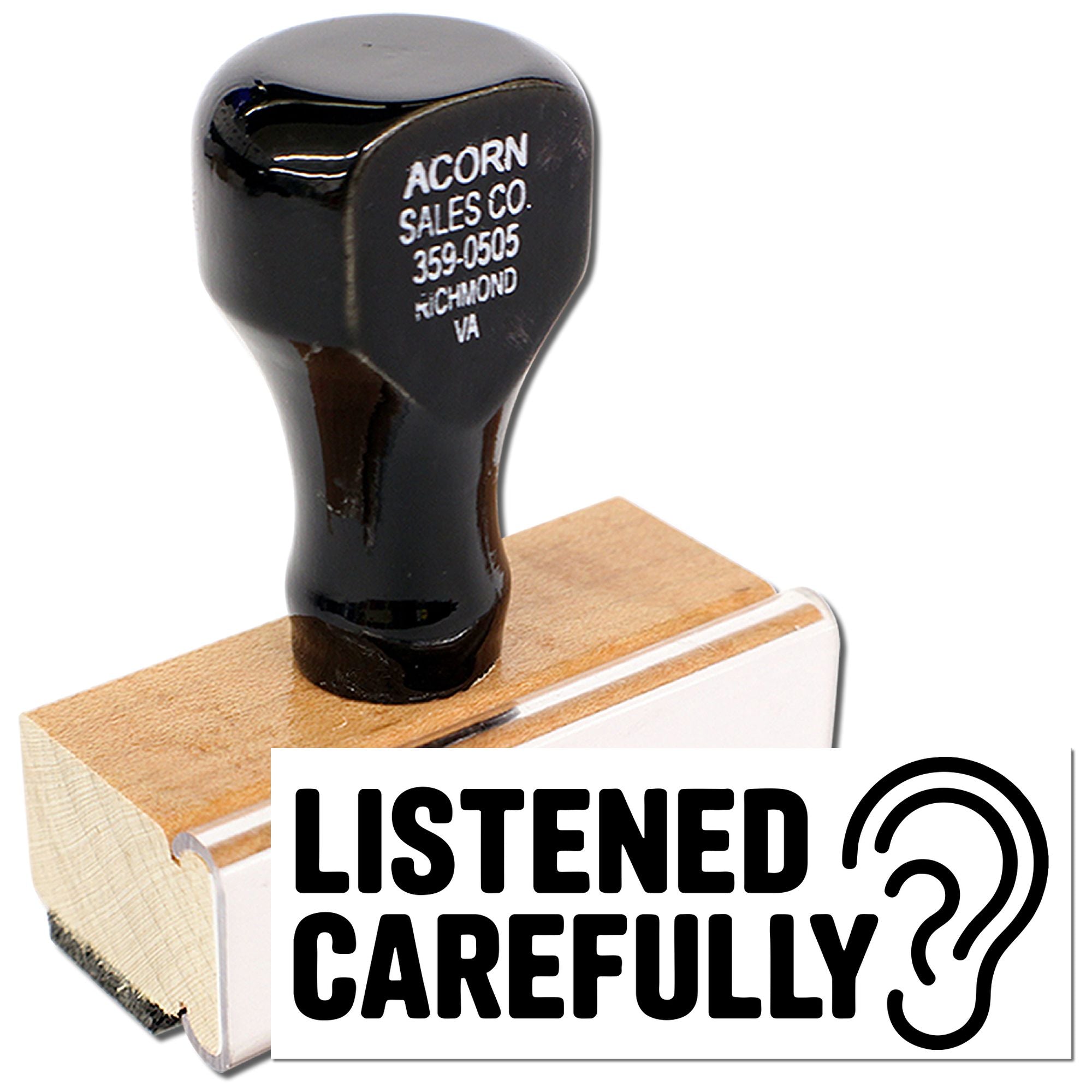 Self-inking rubber stamp reading LISTENED CAREFULLY with ear icon for office, school, or feedback use.