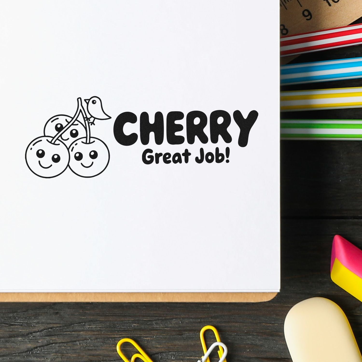 Cherry Great Job rubber stamp with cute cherry design, perfect for teacher rewards, scrapbooking, and handmade craft projects.