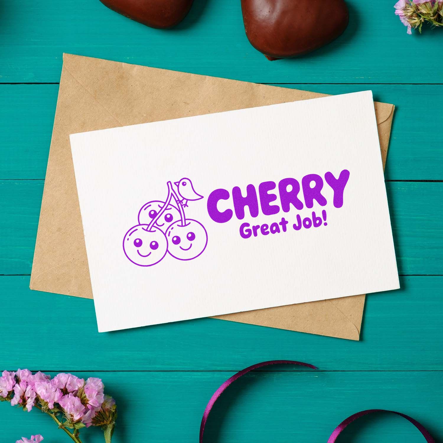 Cherry Great Job rubber stamp design on a blank card, perfect for handmade thank-you notes and congratulations.