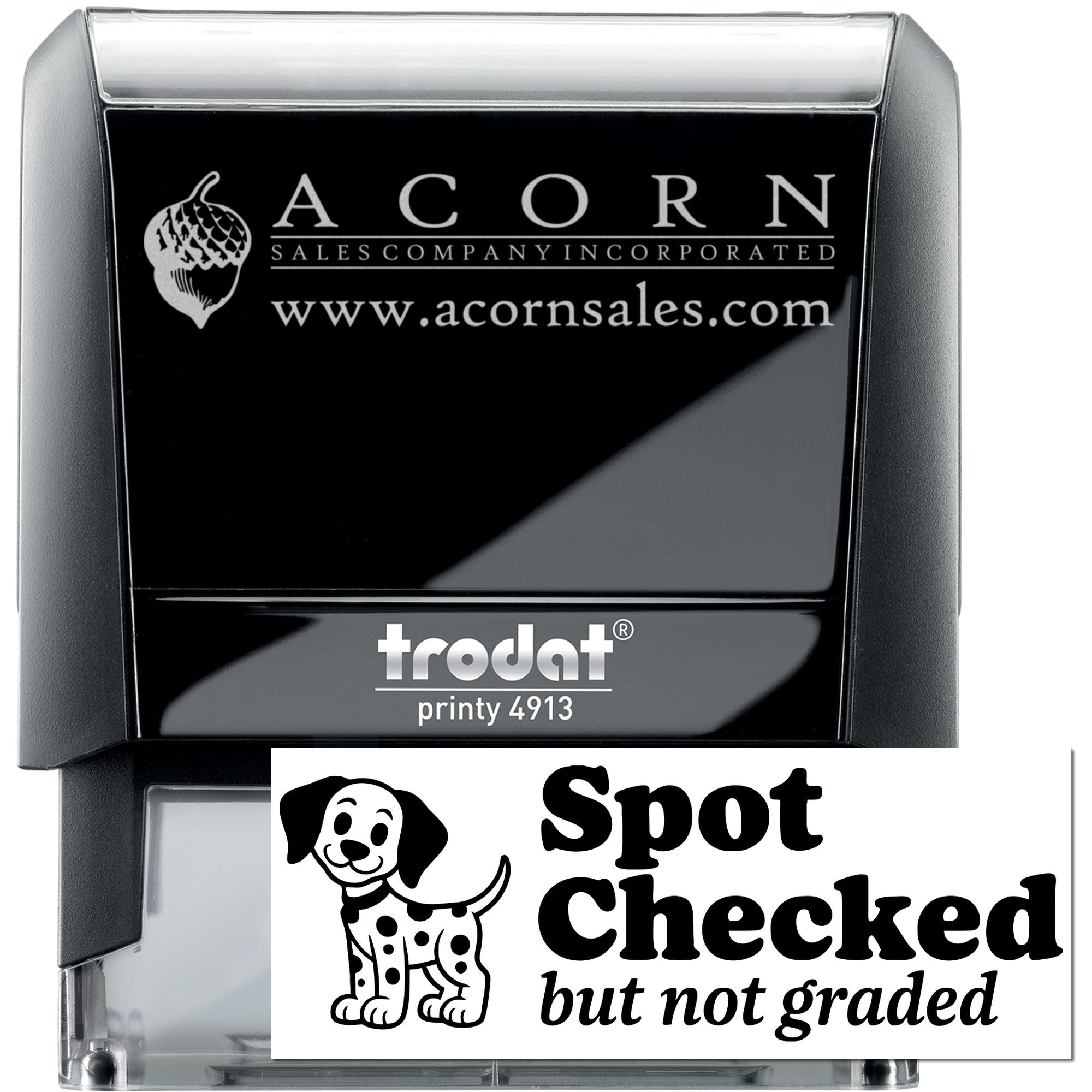 Self-inking rubber stamp with custom business logo imprint and sample Spot Checked but not graded text.