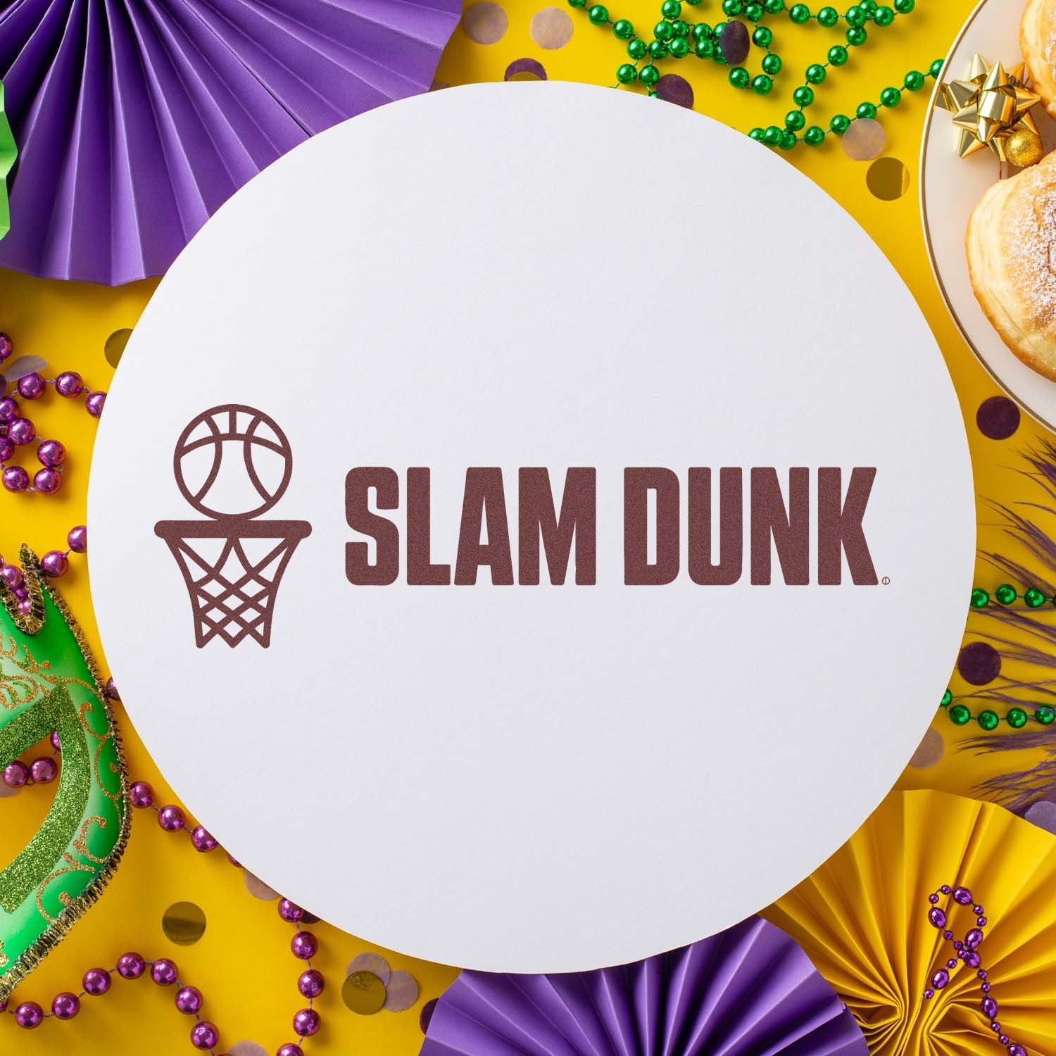Slam Dunk basketball rubber stamp design on a Mardi Gras party backdrop, ideal for sports-themed crafts and custom stamping.