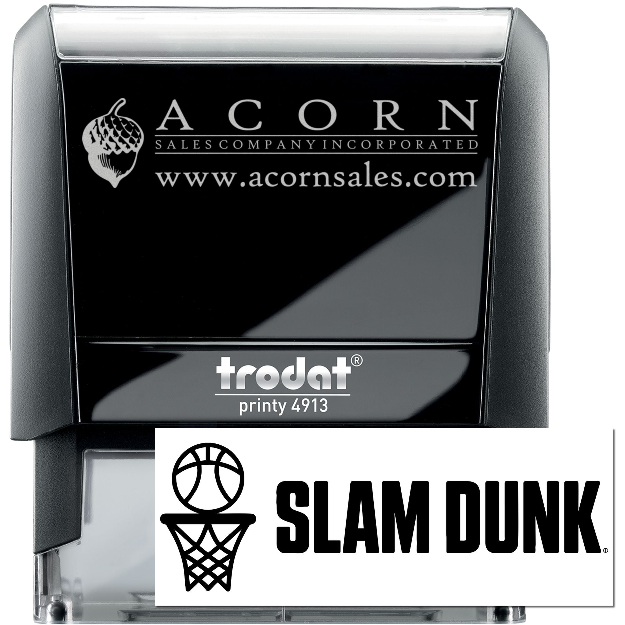Custom self-inking rubber stamp examples: Acorn Sales logo stamp and Slam Dunk basketball logo on Trodat Printy 4913.
