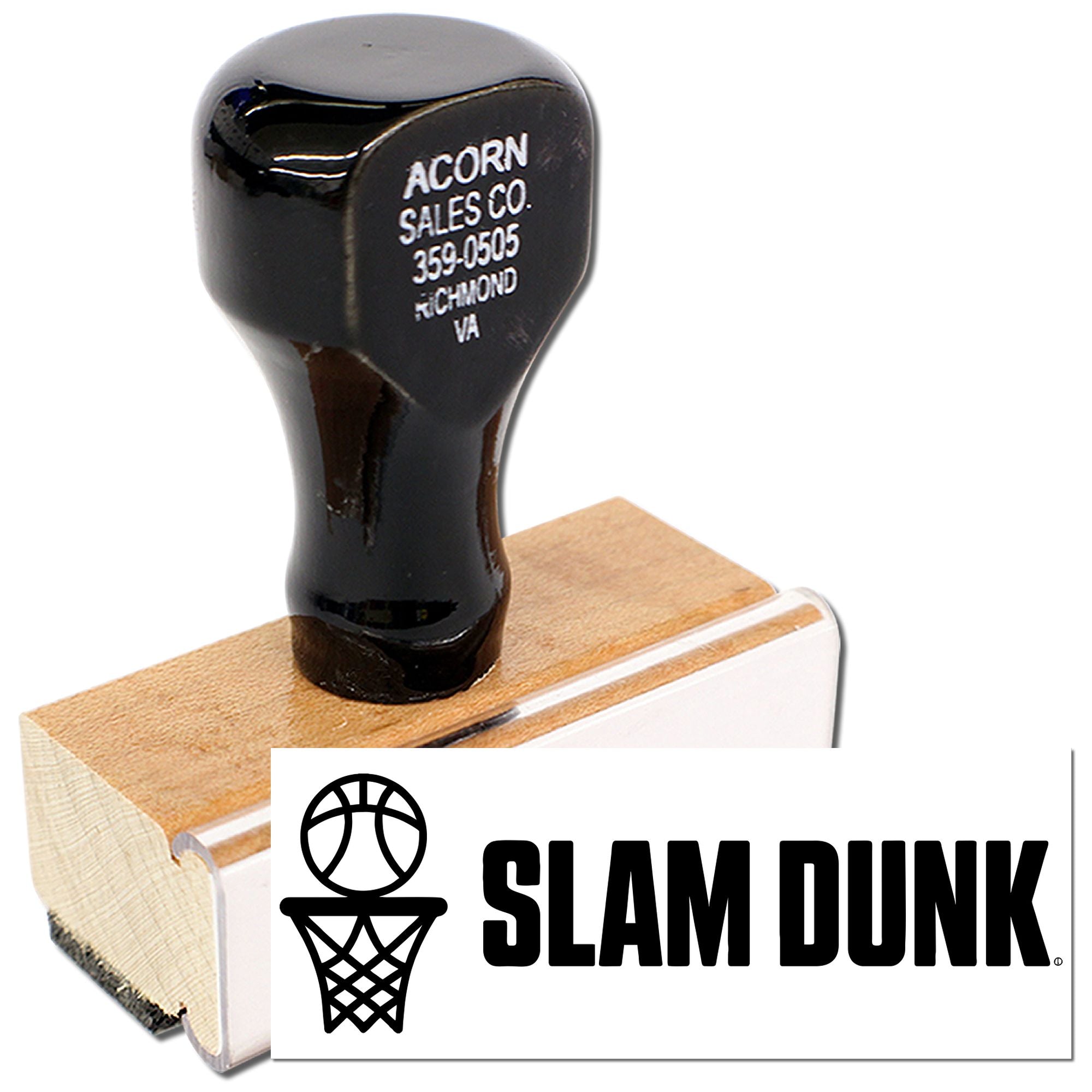 Custom basketball rubber stamp with Slam Dunk logo for sports-themed branding, crafts, and packaging.