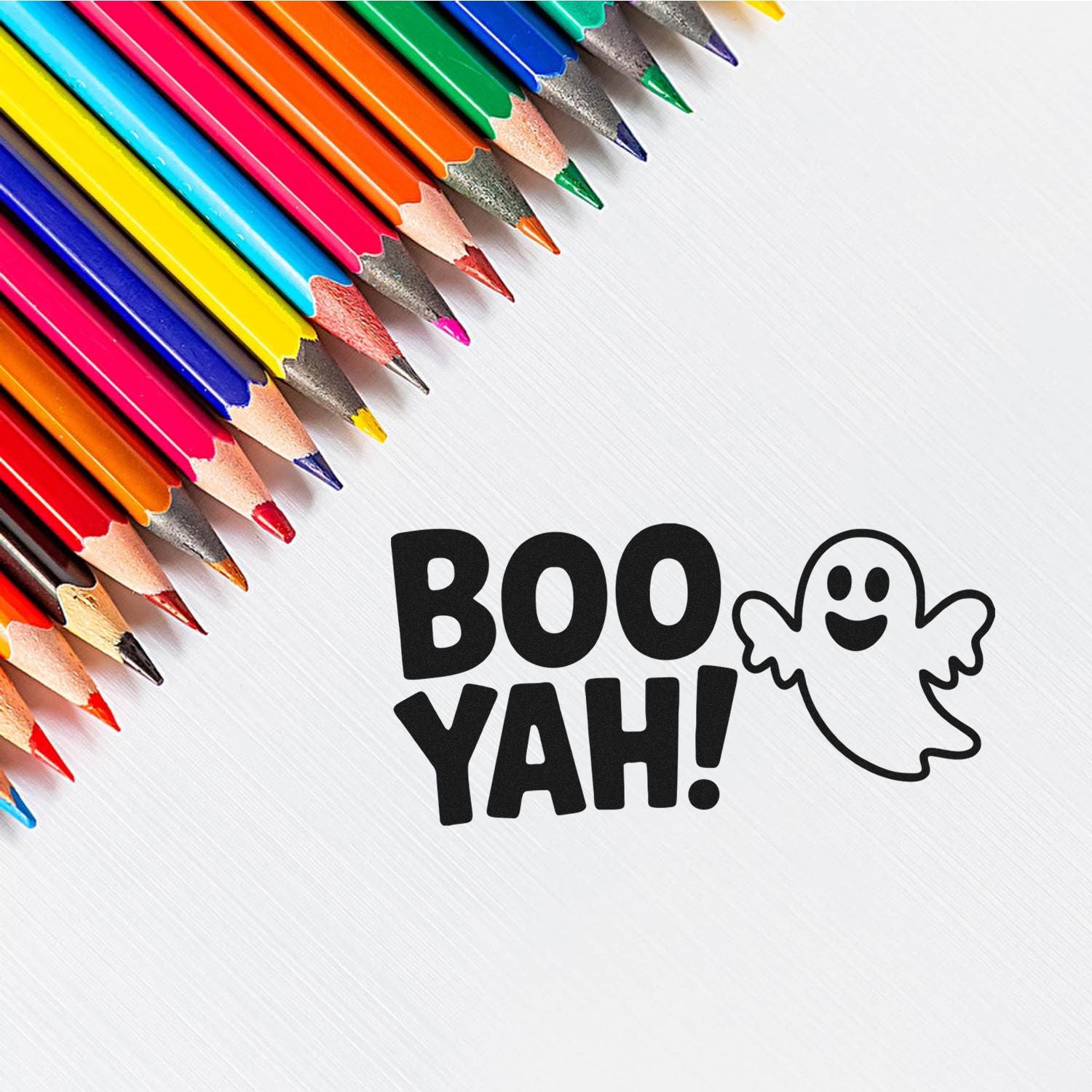Boo Yah ghost rubber stamp design with colorful pencils for playful Halloween crafting and DIY projects