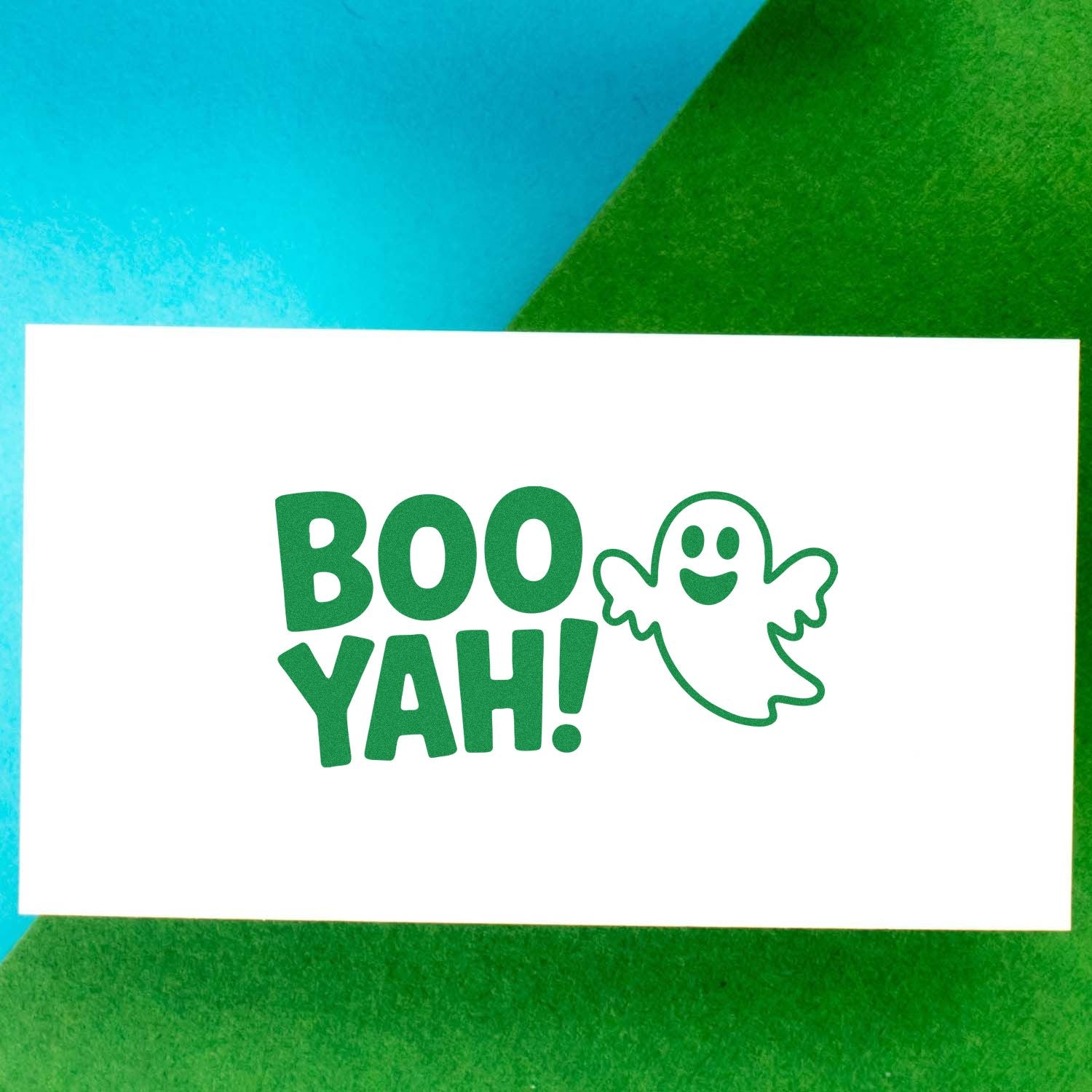 Boo Yah! ghost Halloween rubber stamp design on white card, playful spooky sentiment in green.