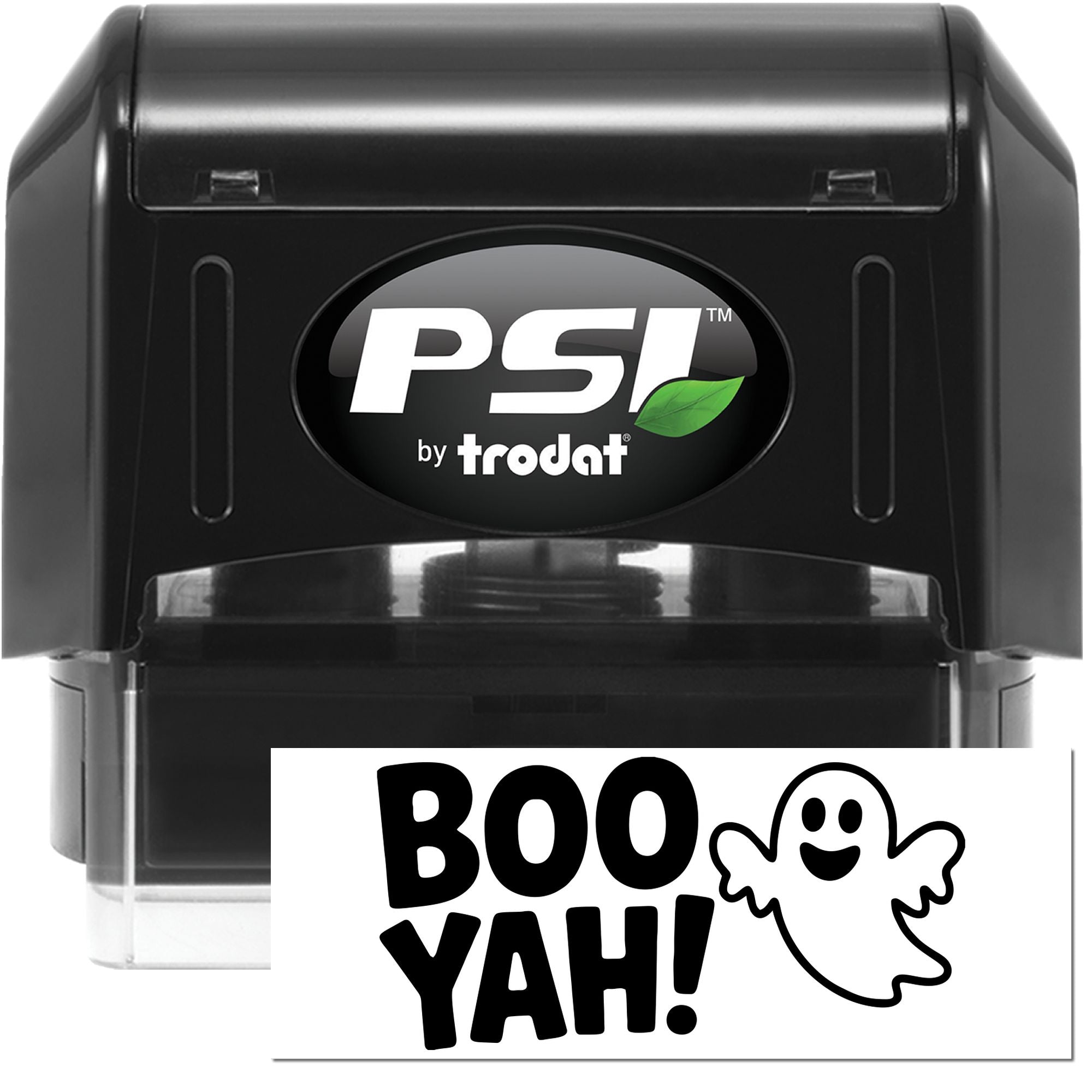 PSI by Trodat self-inking rubber stamp with BOO YAH ghost design for Halloween cards, labels, and packaging.