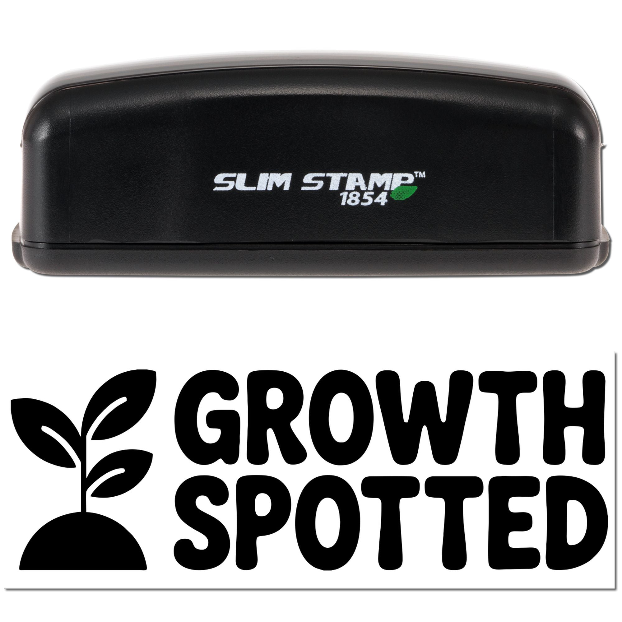 Slim Stamp 1854 custom rubber stamp with Growth Spotted plant logo for branding, packaging, and eco-friendly promotions