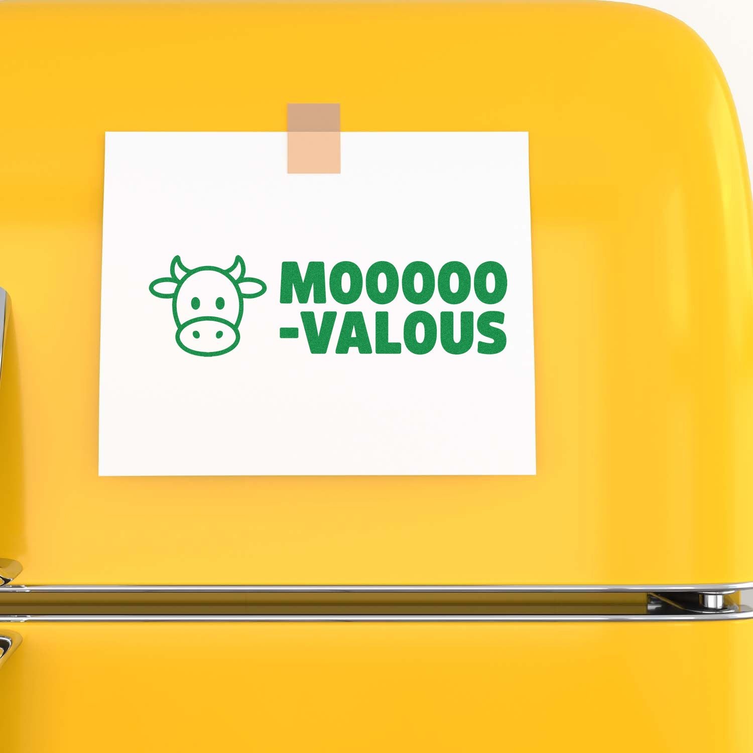 Custom rubber stamp with cow icon and MOOOOVALOUS text, ideal for funny dairy-themed branding and packaging.