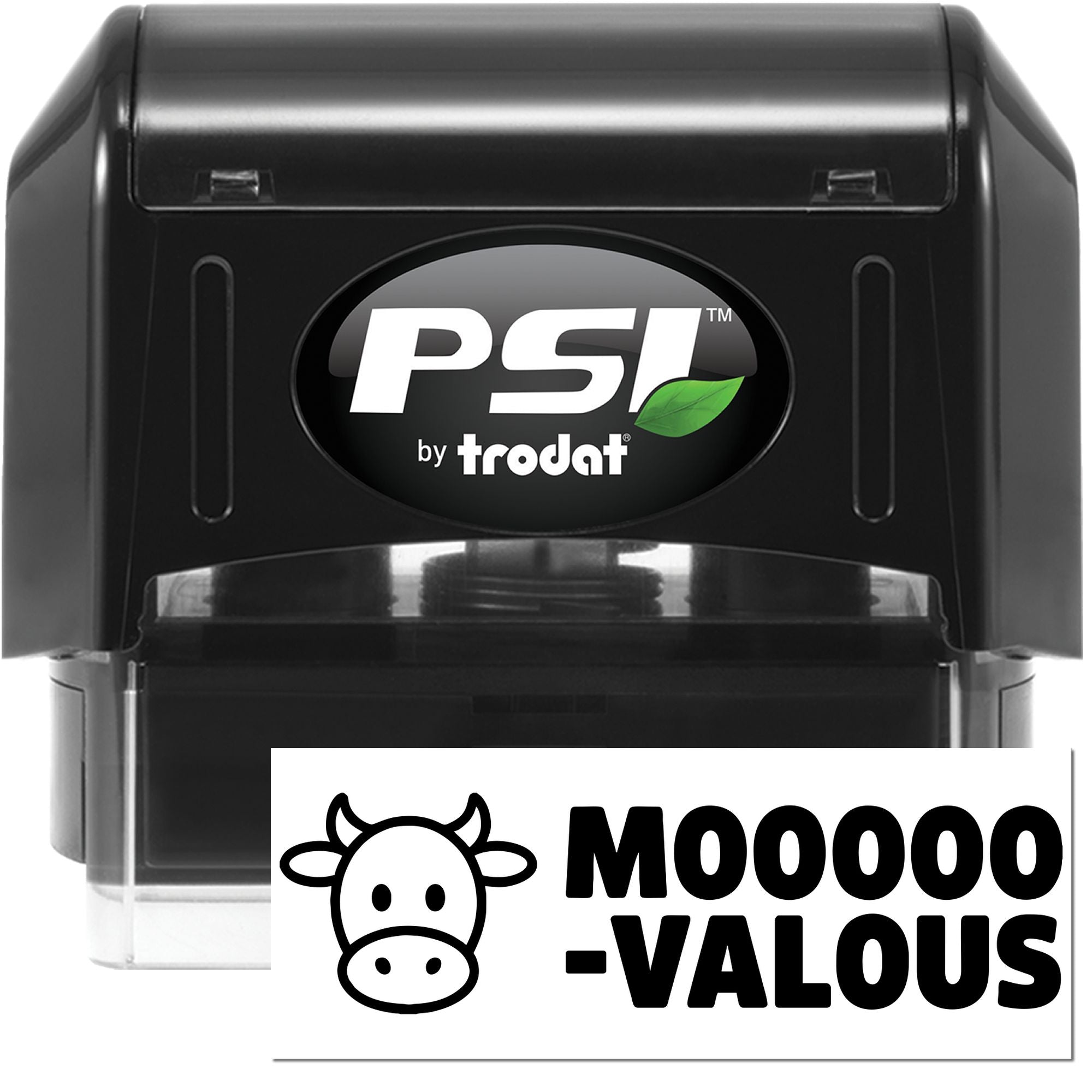 PSI by Trodat self-inking custom logo rubber stamp with cow icon and MOOO-VALOUS branding for packaging.