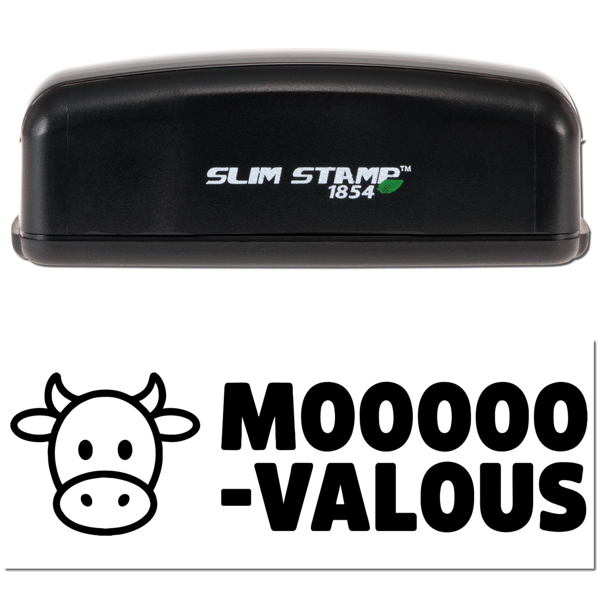 Slim Stamp 1854 self-inking rubber stamp with cow design and MOOOO-VALOUS imprint for custom branding.